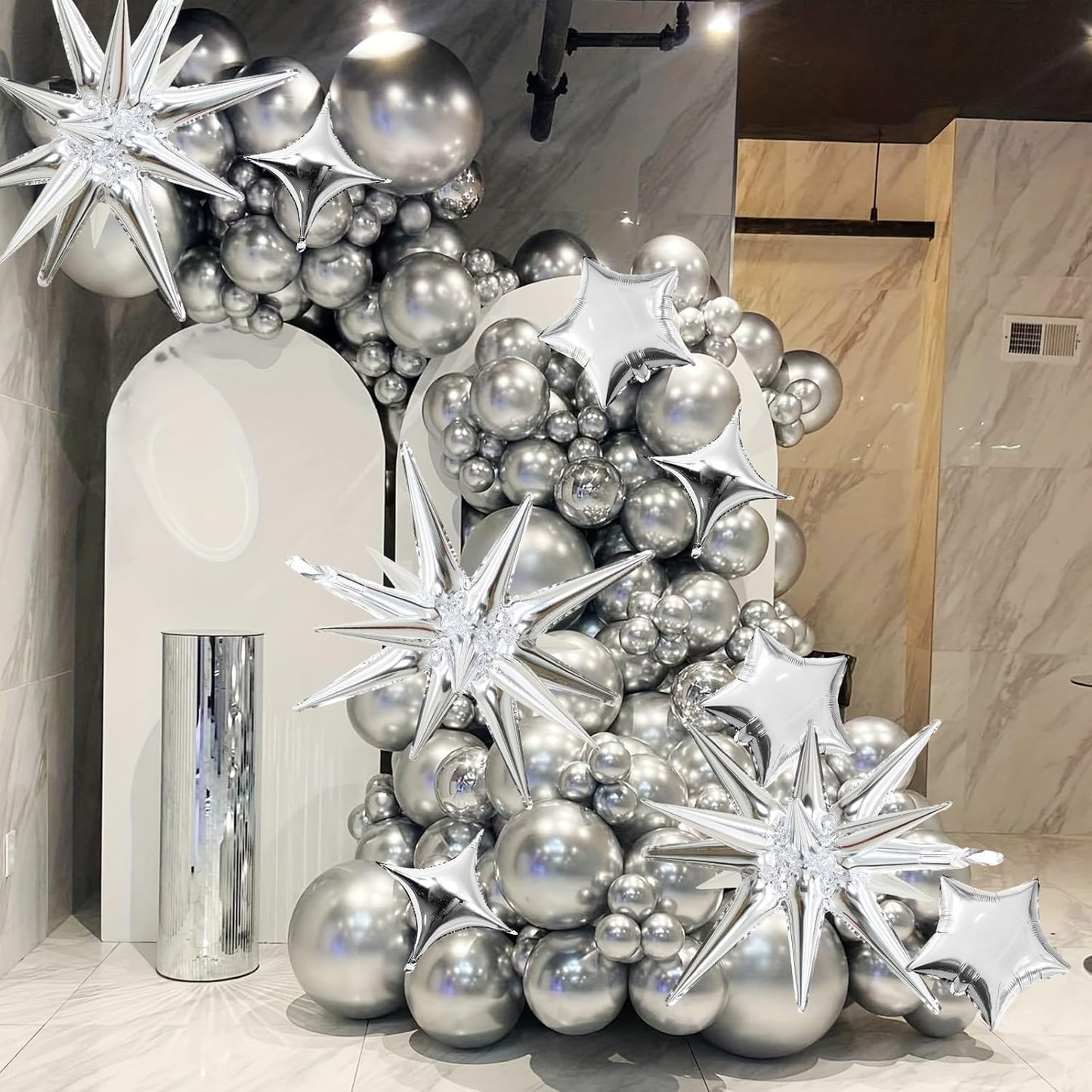 Silver Star Balloons, 22in Large Star Balloons Foil 10in 4-Pointed & Silver Pentagram Balloon for Graduation New Year Wedding Baby Shower Birthday Party Decorations