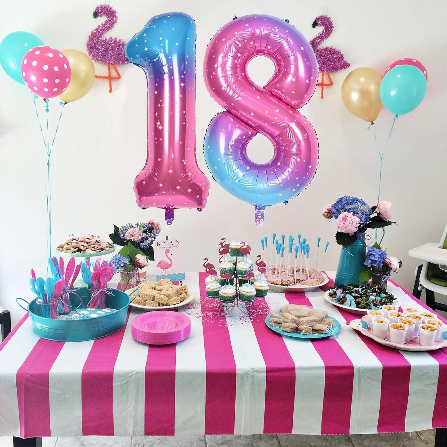 40 Inch Rainbow Large Numbers Balloons 3, Self Inflating Gradient Blue Pink Purple Digit 3 Helium Balloons for 3rd Girls, Starry Foil Mylar Number Balloons 0-9 for Women Birthday Party Decorations