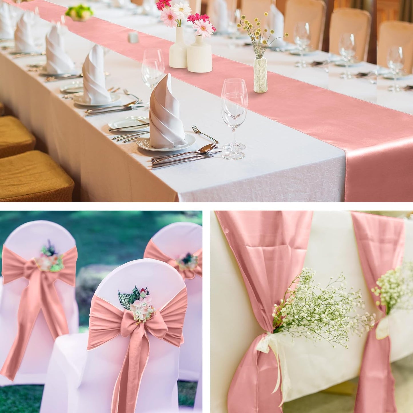 Aneco 12 Pack Satin Table Runner 12 x 108 Inch Rose Gold Long Wedding Satin Silk Table Runner for Wedding Banquet Graduations Birthday Party Decoration