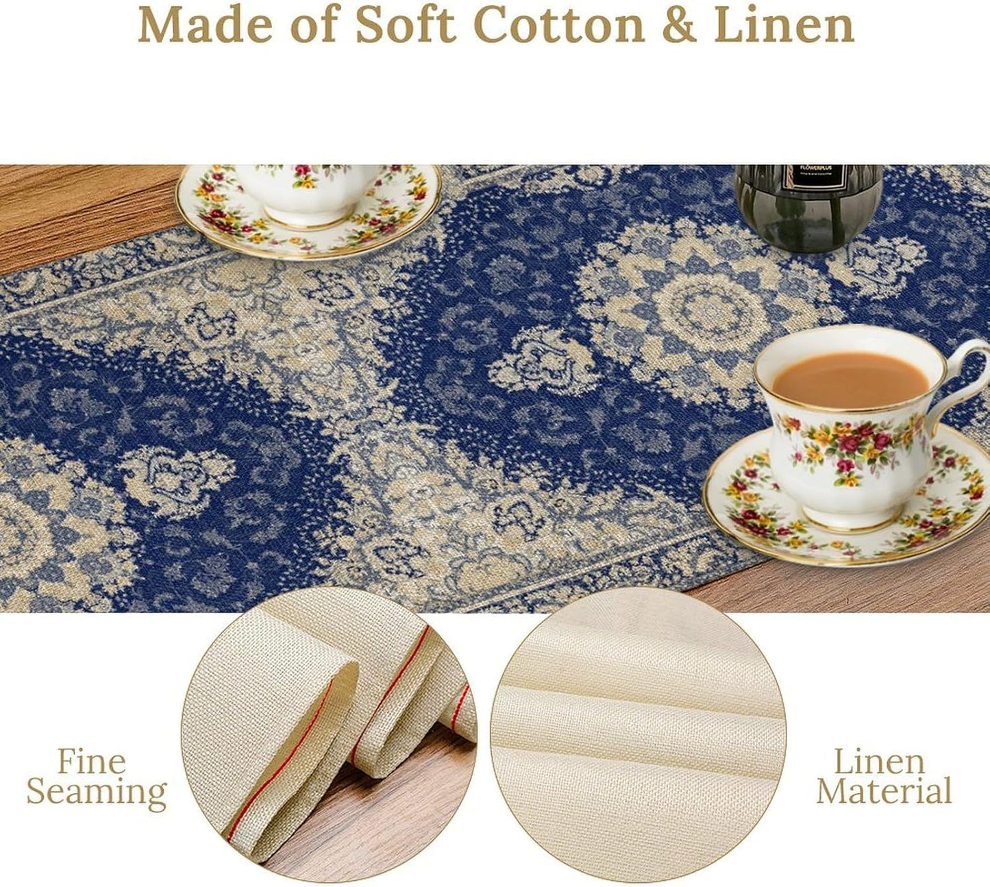 Boho Bohemia Style Dark Blue Table Runner, Country Rustic Farmhouse Magical Abstract Print Pattern for Home Kitchen Table Decor Dining Coffee Room Garden Party Decor 13x72in