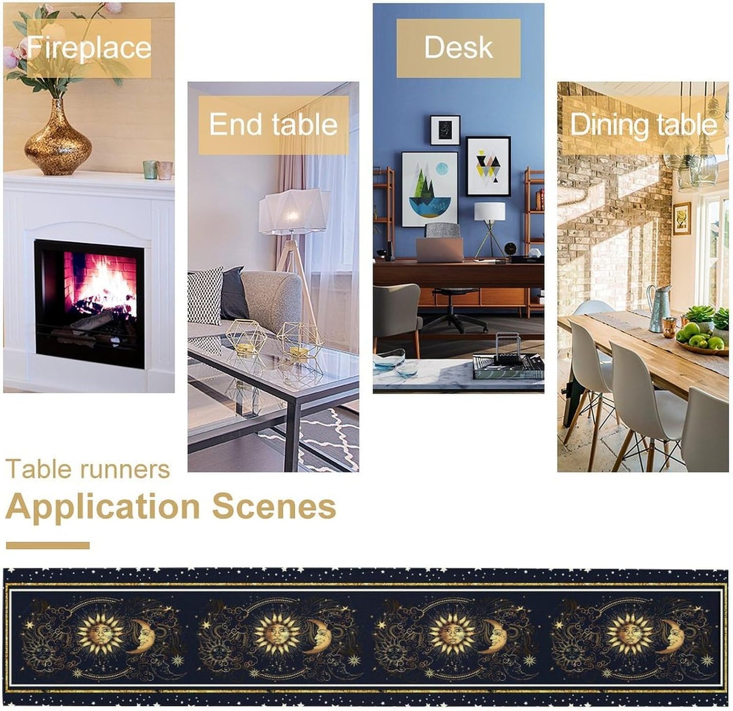 Sun Moon Table Runner, Seasonal Golden Sun Moon Holiday Kitchen Dining Table Runner for Kitchen Living Room Home Party Decor 13x120 Inch