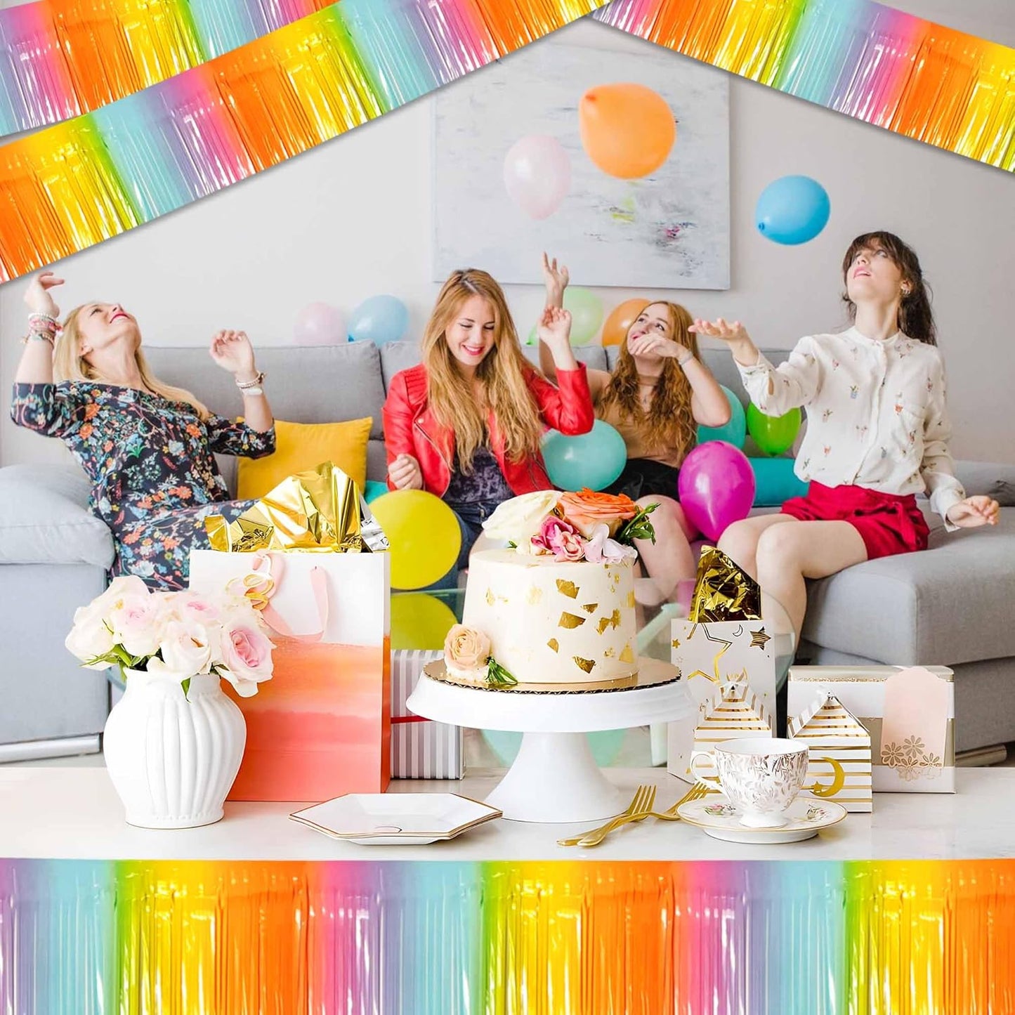 6 Pack 10 Ft Light Rainbow Foil Fringe Garland Metallic Streamers Tinsel Banner Wall Hanging Garland Backdrop for Parade Floats, Halloween, Christmas, Thanksgiving, New Year Party Decorations