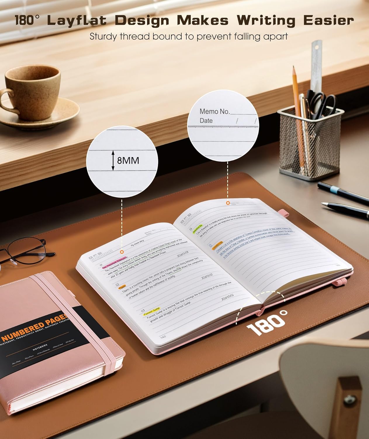 Lined Journal Notebook for Women Men, 256 Numbered Pages Hardcover Leather Journals for Writing, A5 Journaling Notebooks, College Ruled Journal for Business Work School 5.75" x 8.38" Champagne