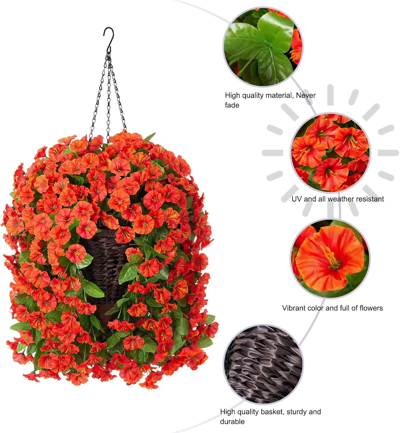 Artificial Fake Hanging Flowers Plants Baskets for Outdoor Fall Decoration, Faux Silk Orange Morning Glory in Planter UV Resistant Look Real for Home Porch Patio Balcony Yard Decor