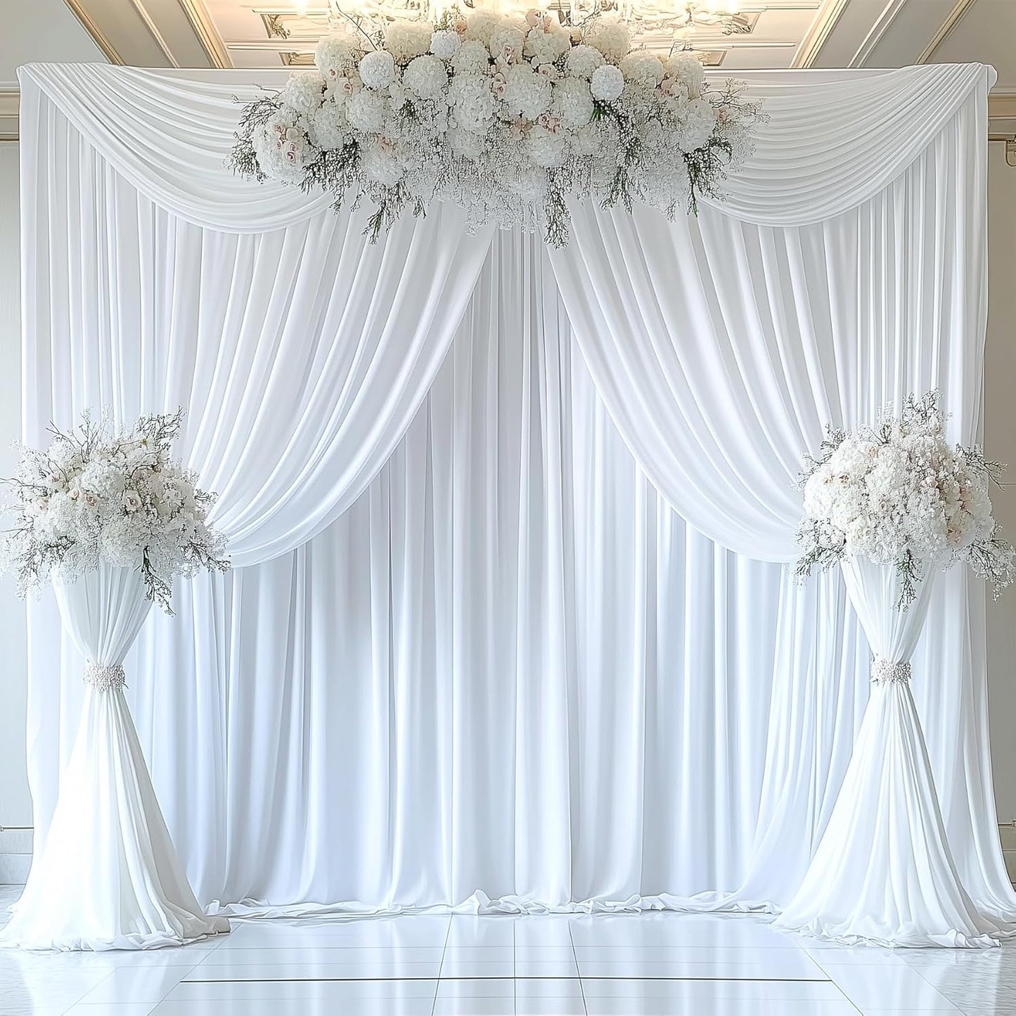 30ftx14FT Wrinkle Free White Backdrop Curtain, 6 Panels 14FT Height White Wedding Backdrop Drapes, Silky Polyester Back Drop Cloth for Birthday Photography Background Party Backdrop Draping