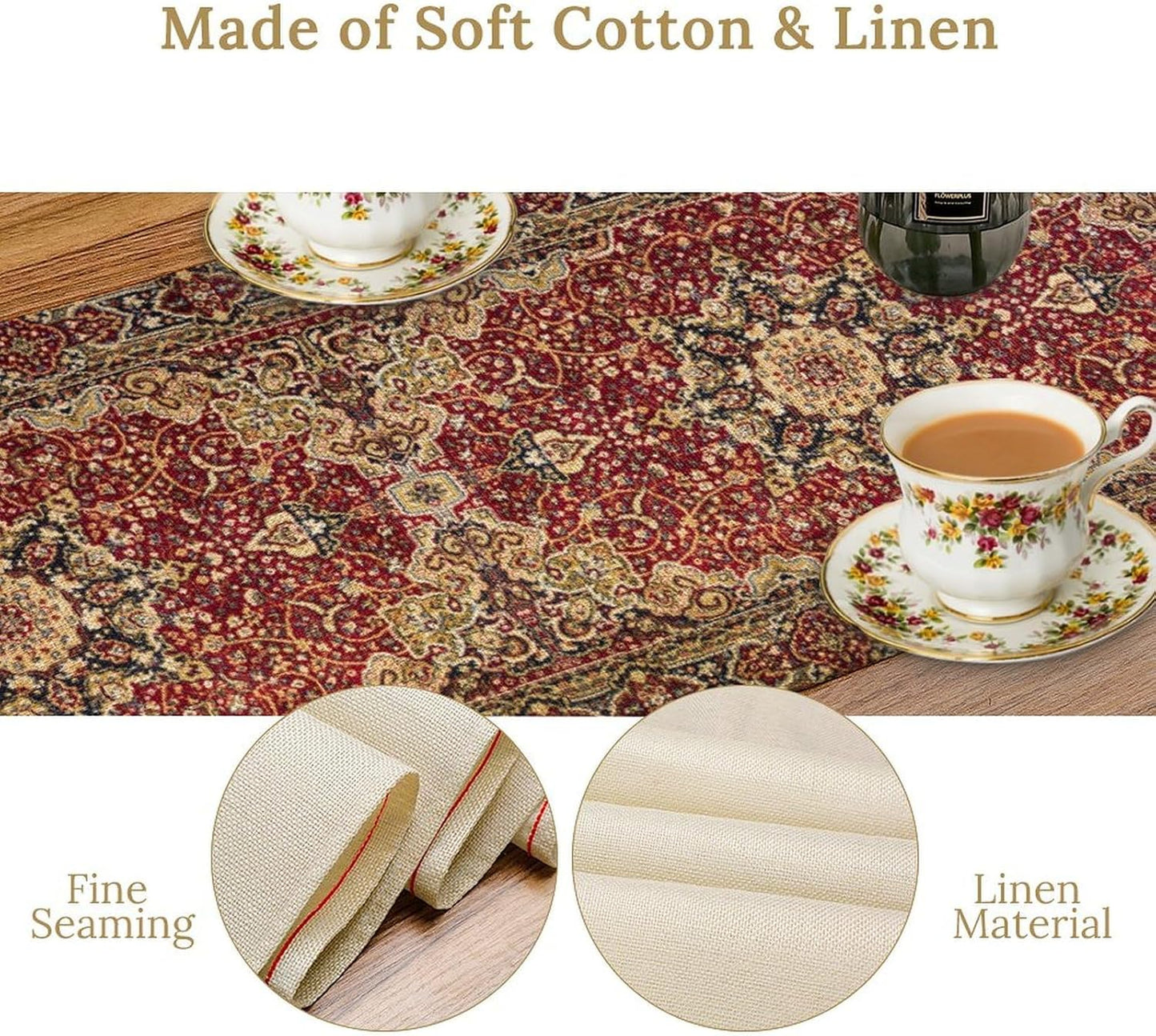 Vintage Boho Floral Table Runner, Rustic Country Farmhouse Red Gold Bohemia Flower Pattern for Home Kitchen Table Decor Dining Coffee Room Party Decor 13x36in