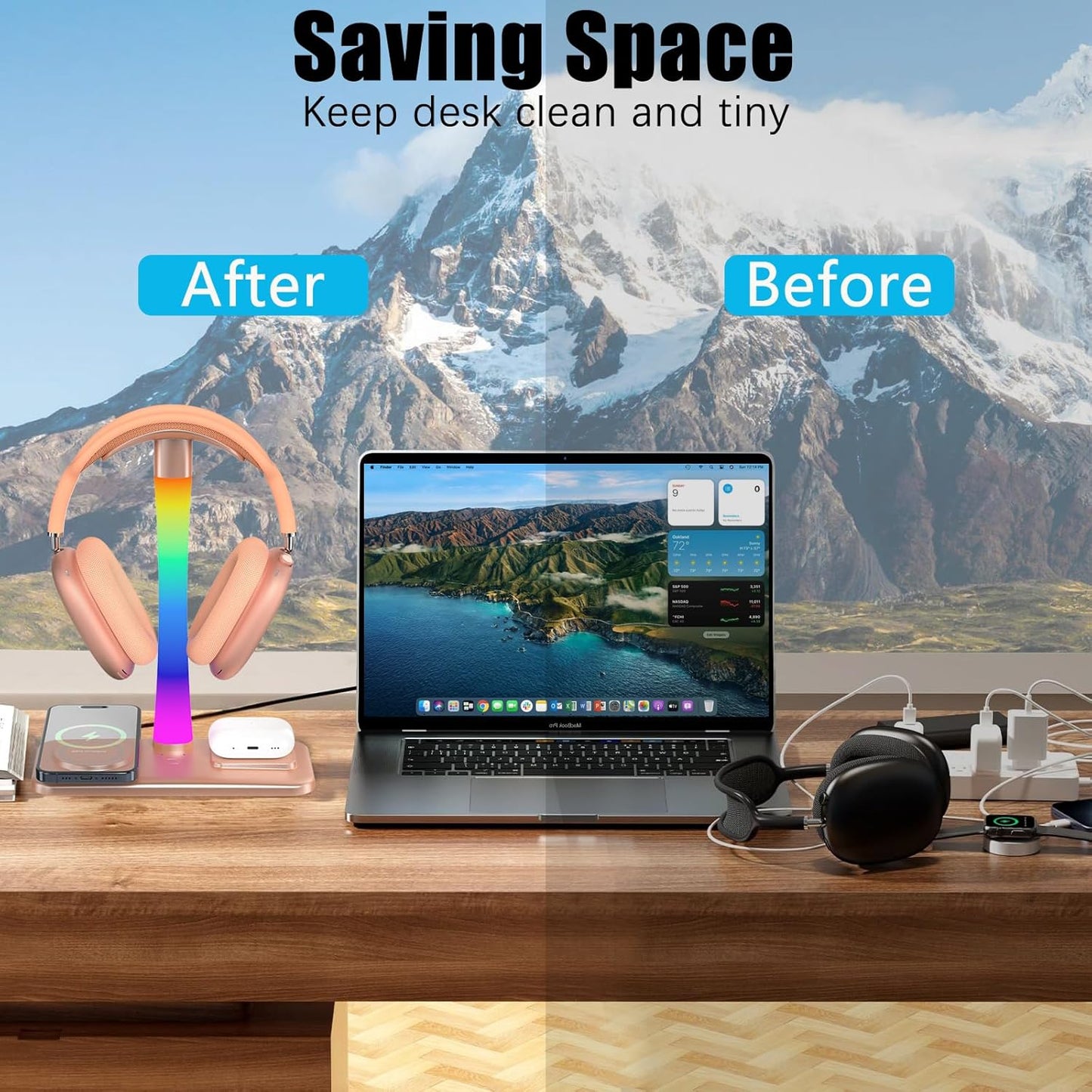 Headphone Stand with Wireless Charger,Gaming HeadsetStand with RGB Light Mode,Airpod MaxStand Compatible with Airpod Pro/3/2,iPhone 16/15/14/13/12/11,Samsung,Gifts for Gamers & Music Lover (Gold)