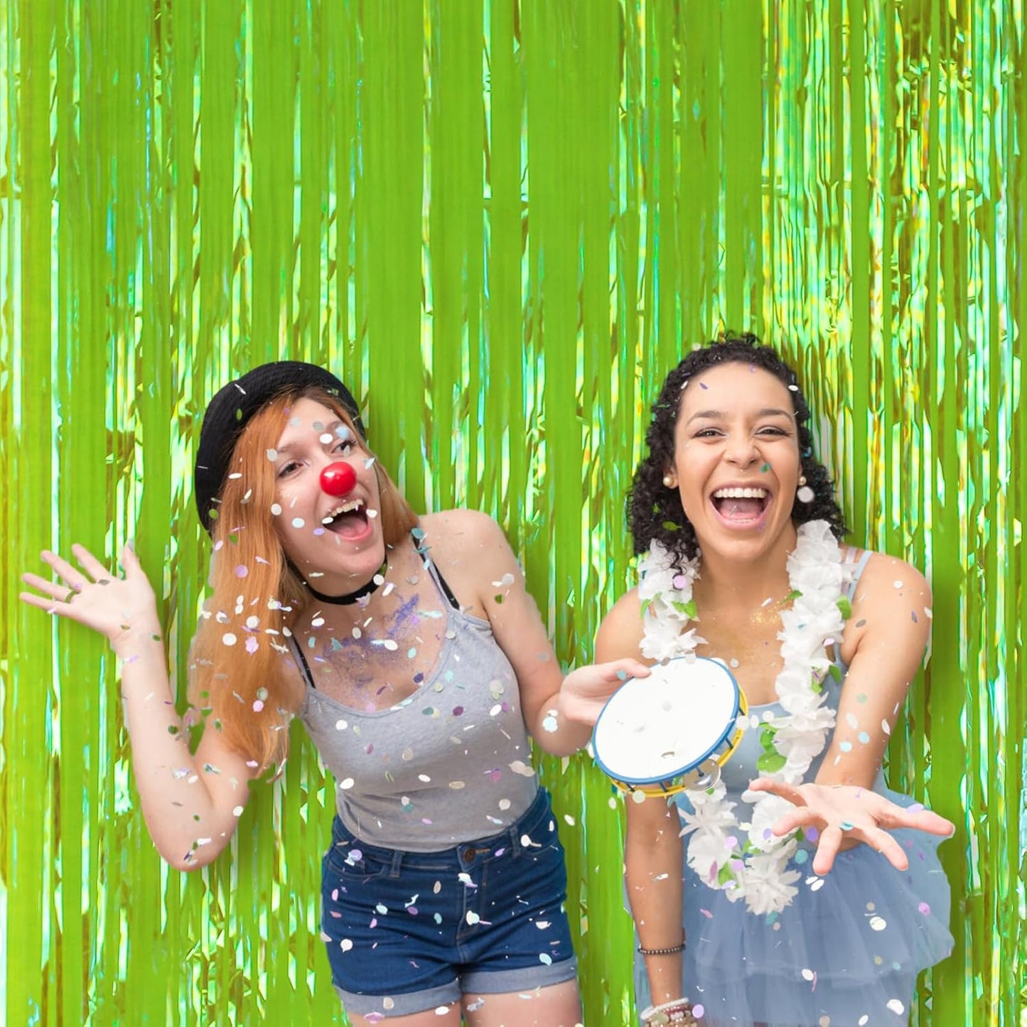 2 Pack 3.3x8.2 Feet Neon Green Foil Fringe Backdrop Curtains, Tinsel Streamers Birthday Party Decorations, Fringe Backdrop for Graduation, Baby Shower, Gender Reveal, Disco Party