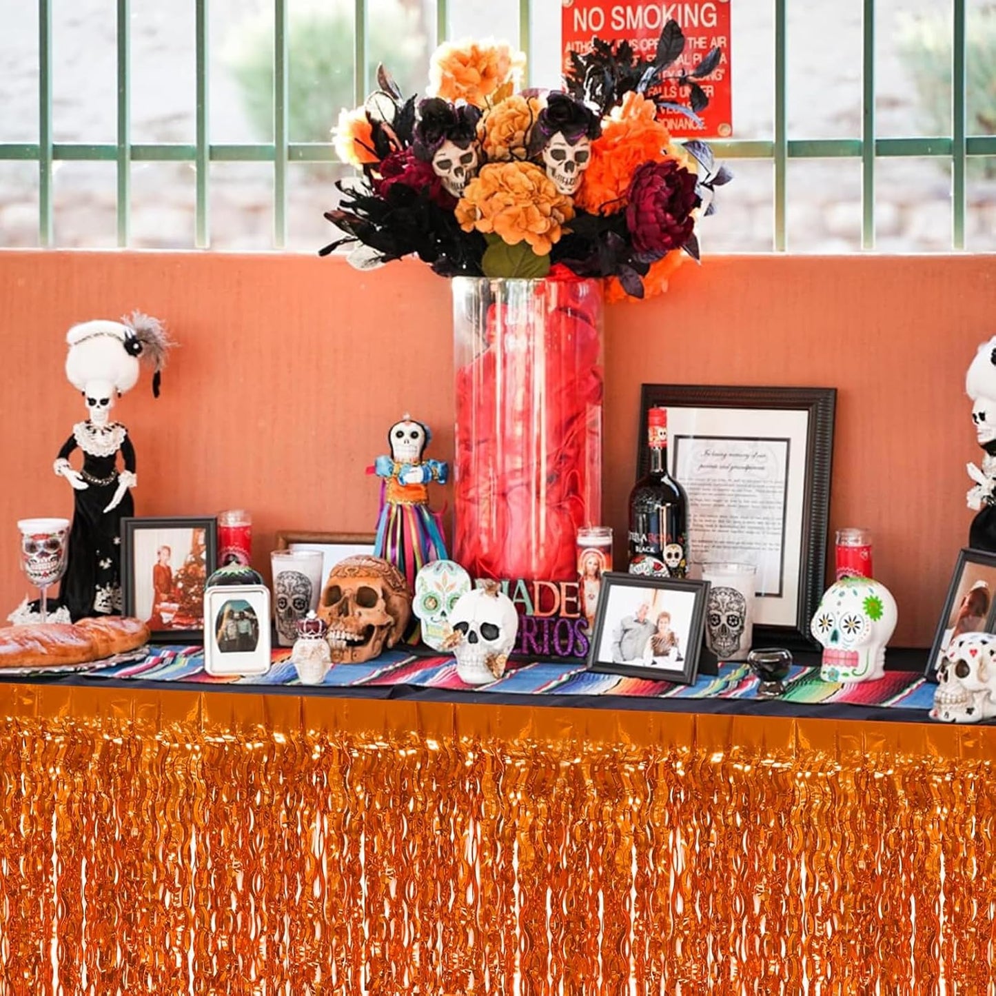 4P Wavy Metallic Tinsel Foil Fringe Table Skirts for Rectangle Tables Backdrop Garland Curtains for Parade Floats Wedding Birthday Parties Decoration Graduation 2025 Christmas (Orange)