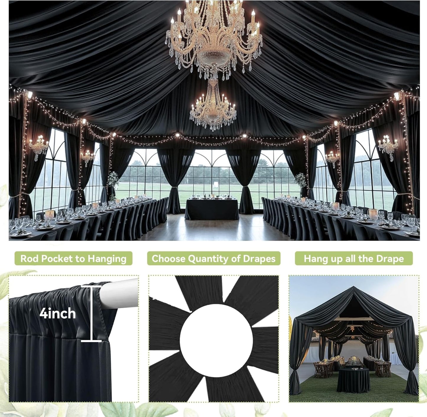 PartyVillage 4 Panels 5ftx30ft Black Ceiling Drapes for Halloween Parties – 30 FT Extra Long Thick Polyester Wrinkle-Free Drapery Tent Decor Decorations for Birthday Party Ceremony Stage Swag