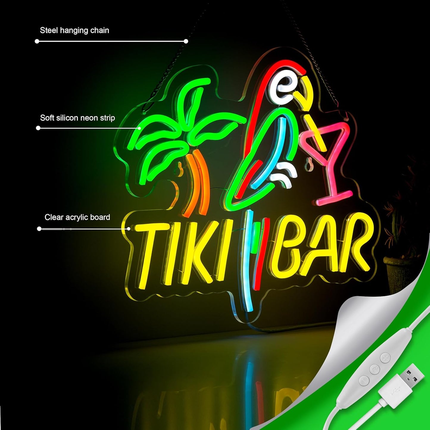 Tiki Bar Neon Sign for Wall Décor Dimmable LED Parrot Palm Tree Cocktails Signs for Beer Bar Art Man Cave Light Decor