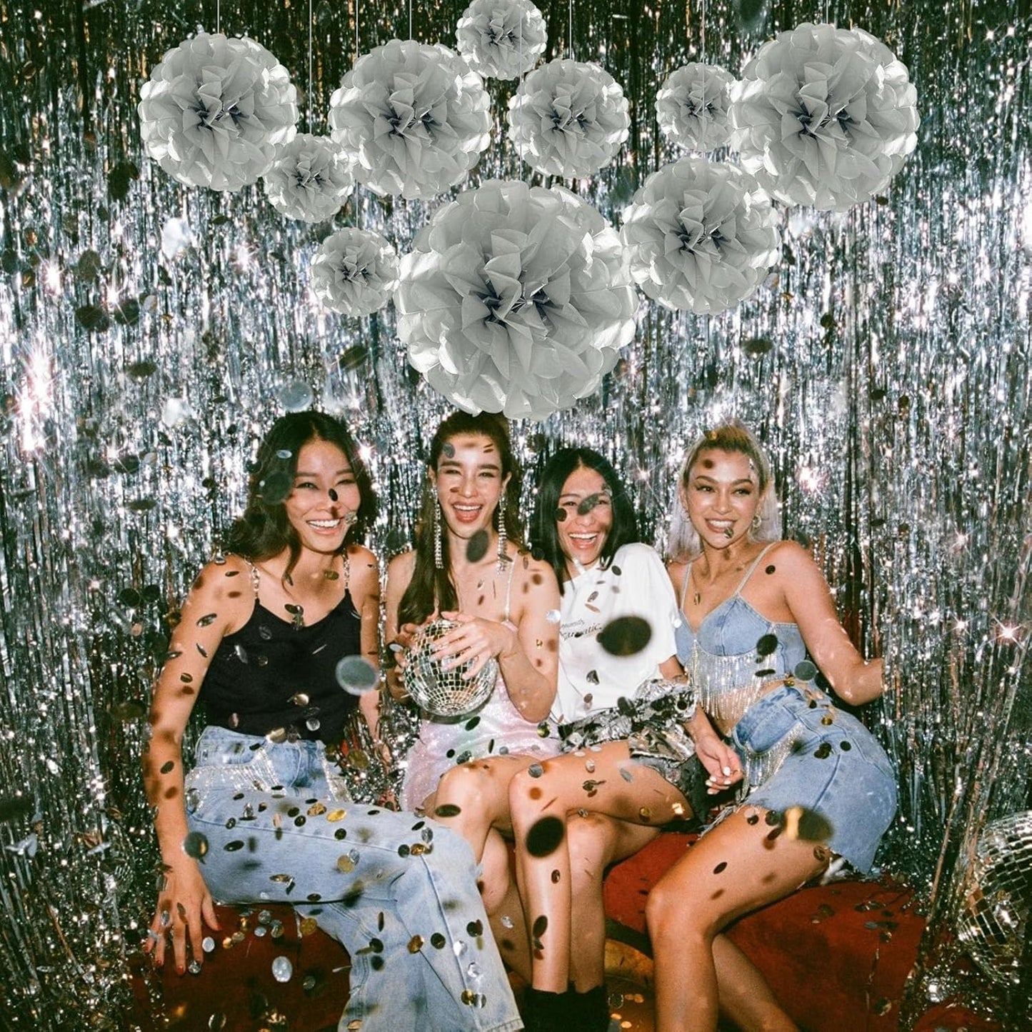 Tissue Paper Pom Poms, Silver Tissue Paper Flowers, Hanging Flower Balls for Weddings Fiesta Parties Birthday Baby Showers Classroom Bridal Shower Decoration (20Piece Set-6/10/12/14Inch)