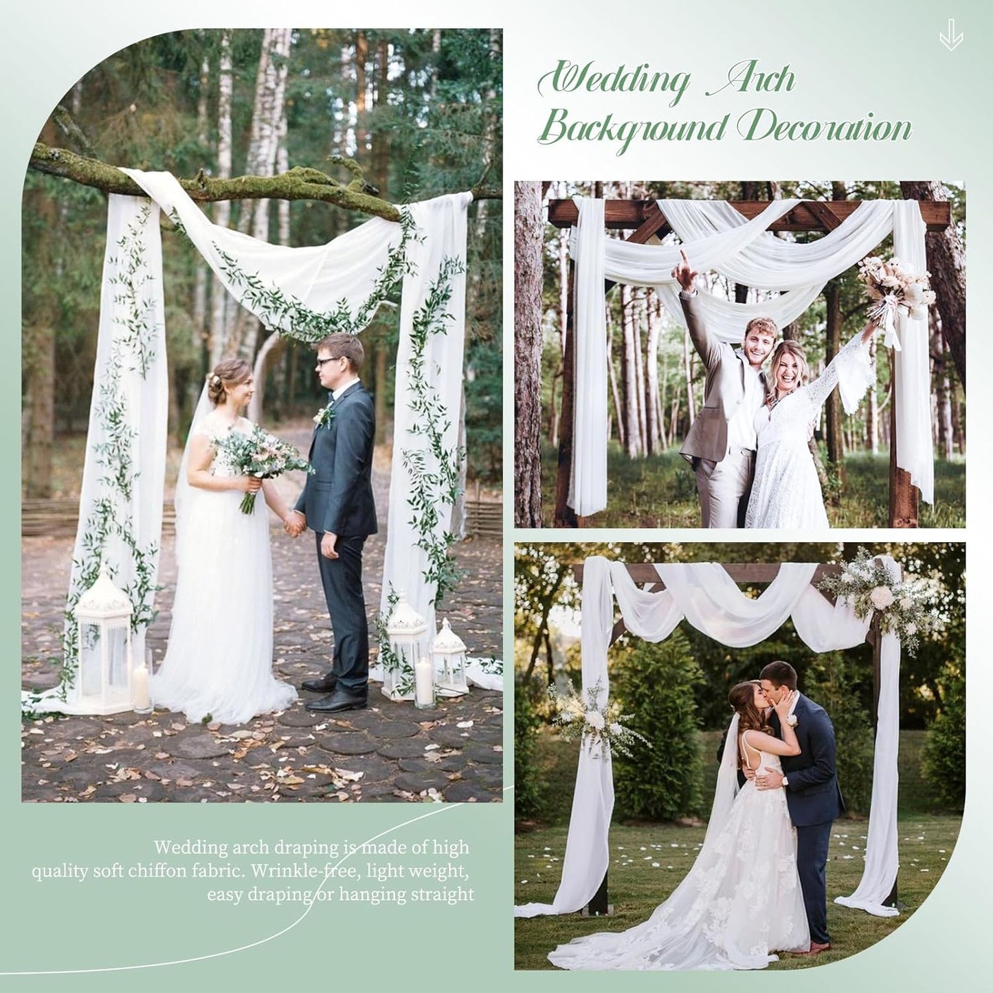 4 Panels White Polyester Wedding Arch Draping Fabric, 28x20 feet Each, Sheer Chiffon Curtain Arbor Drapery Ceiling Drapes for Party Decor