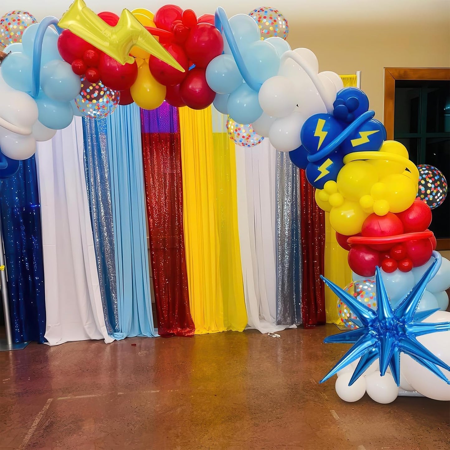 Red Yellow Blue Balloons,Cartoon Theme Balloons with 36 Inch Lightning and 22 Inch Star Foil Balloon, Red Blue Yellow Confetti Lightning Printed Balloon for Kids Boys Anime Party Carnival Circus Decor