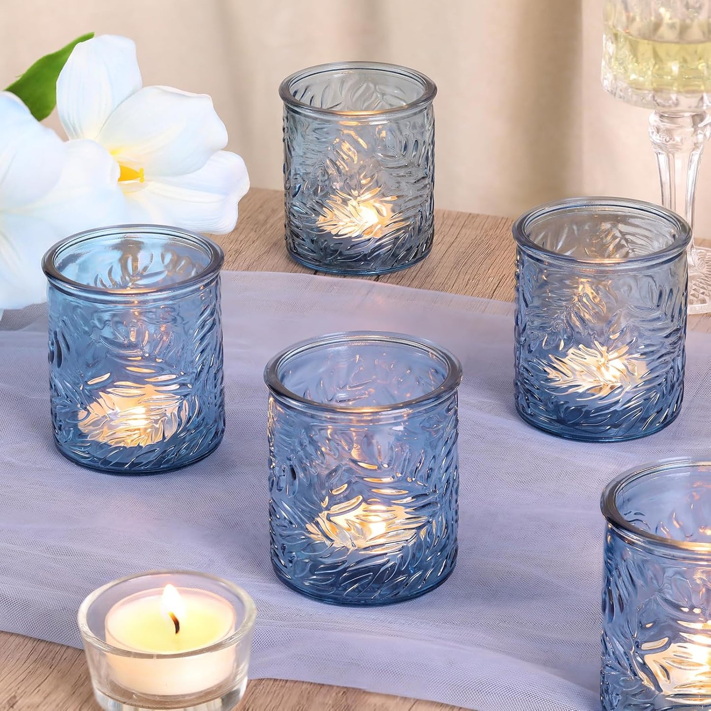 24 pcs Blue Votive Candle Holders, Tea Light Candle Holder for Wedding Centerpieces, Glass Candle Holders for Baby Shower Home Bridal Decoration Table Decor