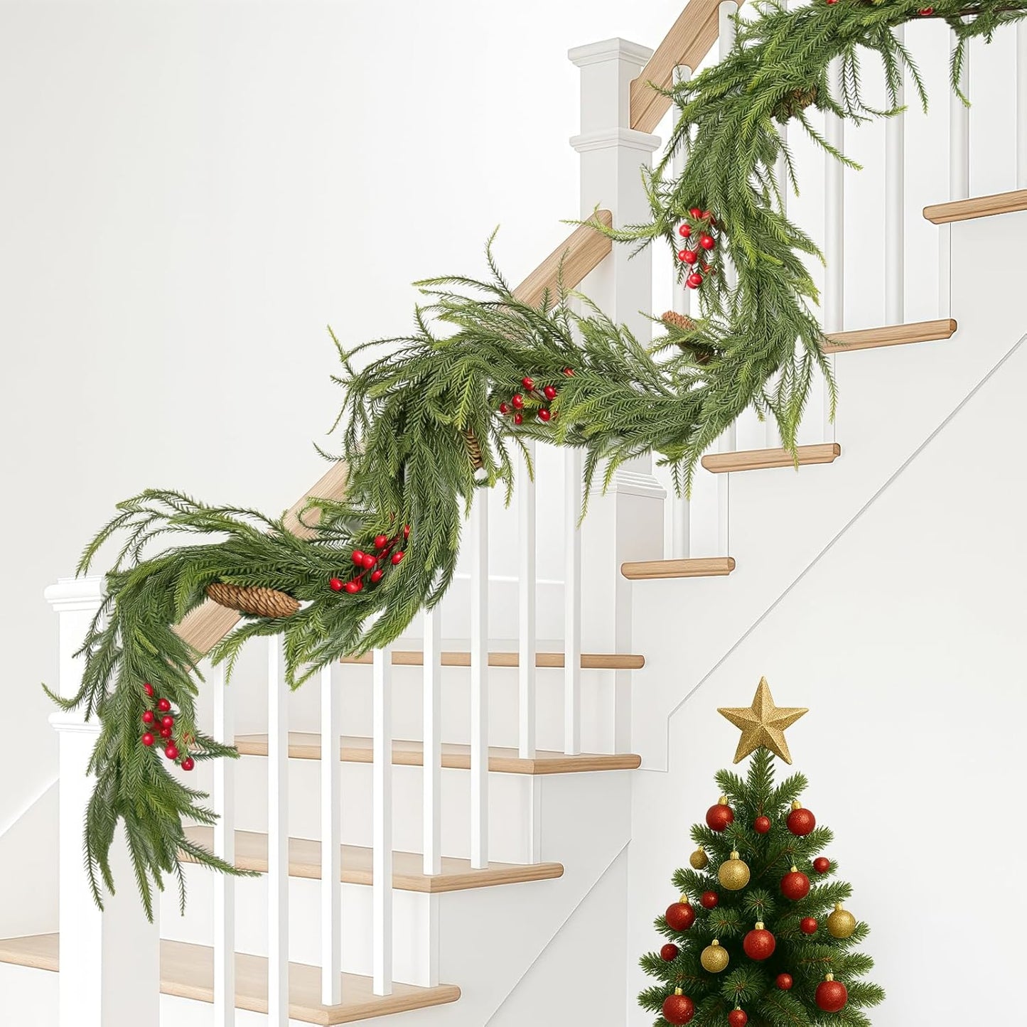 9FT Norfolk Pine Garland Christmas Artificial Greenery with Red Berries Cones, Pine Tree Decor for Mantel Fireplace Stair Rail Doorway Table, Indoor Outdoor Winter Christmas Decorations