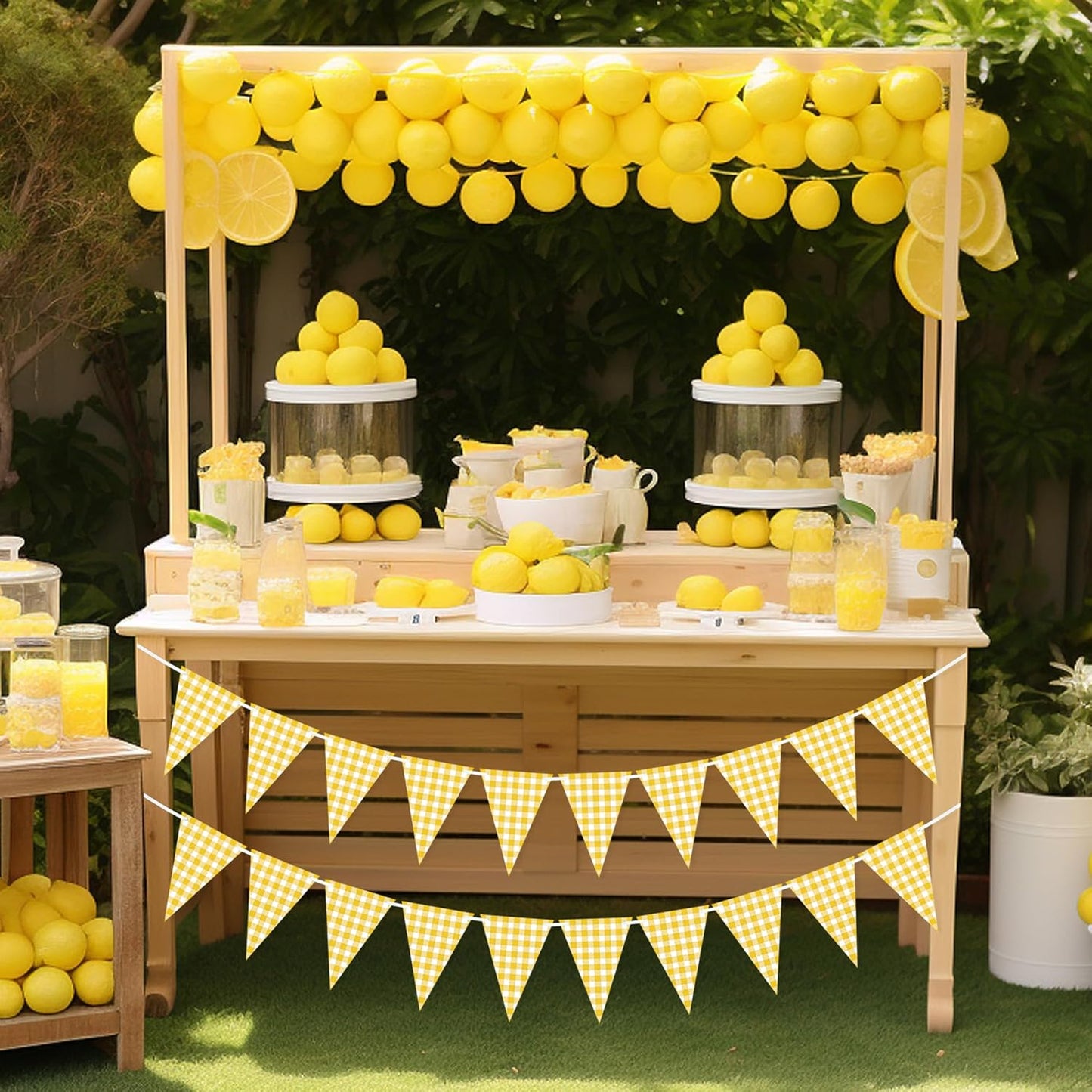 Yellow Gingham Banner for Picnic, BBQ Themed Party Decorations, Yellow and White Checkered Bunting Flag Garland for Lemon Wedding Baby Shower Birthday Party Supplies
