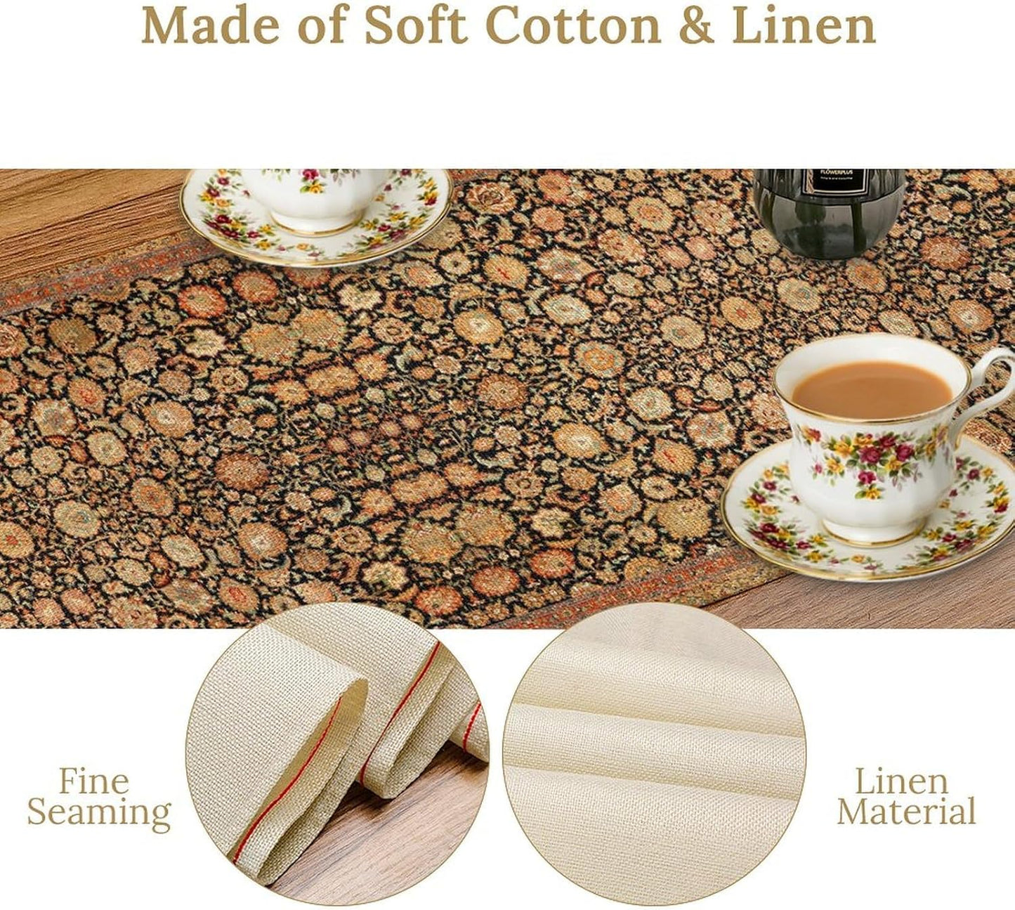 Vintage Boho Floral Table Runner, Rustic Country Farmhouse Orange Yellow Black Retro Flower Pattern for Home Kitchen Table Decor Dining Coffee Room Party Decor 13x60in