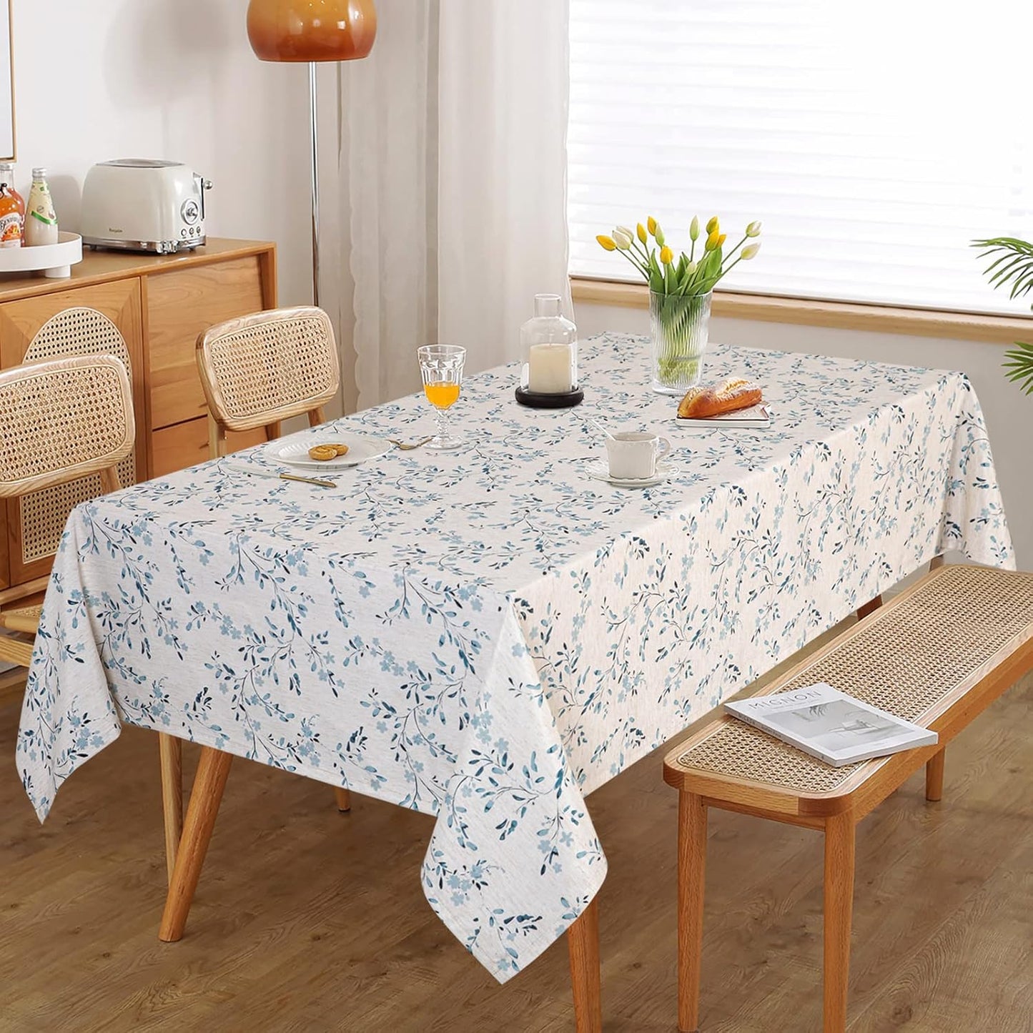 Mysky Home Rectangle Table Cloth 60x102 Inch - Spring Summer Floral Tablecloth, Waterproof Linen Fabric Oblong Table Cloth for Kitchen Dining Tablecloth for 4 Feet Table Blue, Small Blue Flower Design
