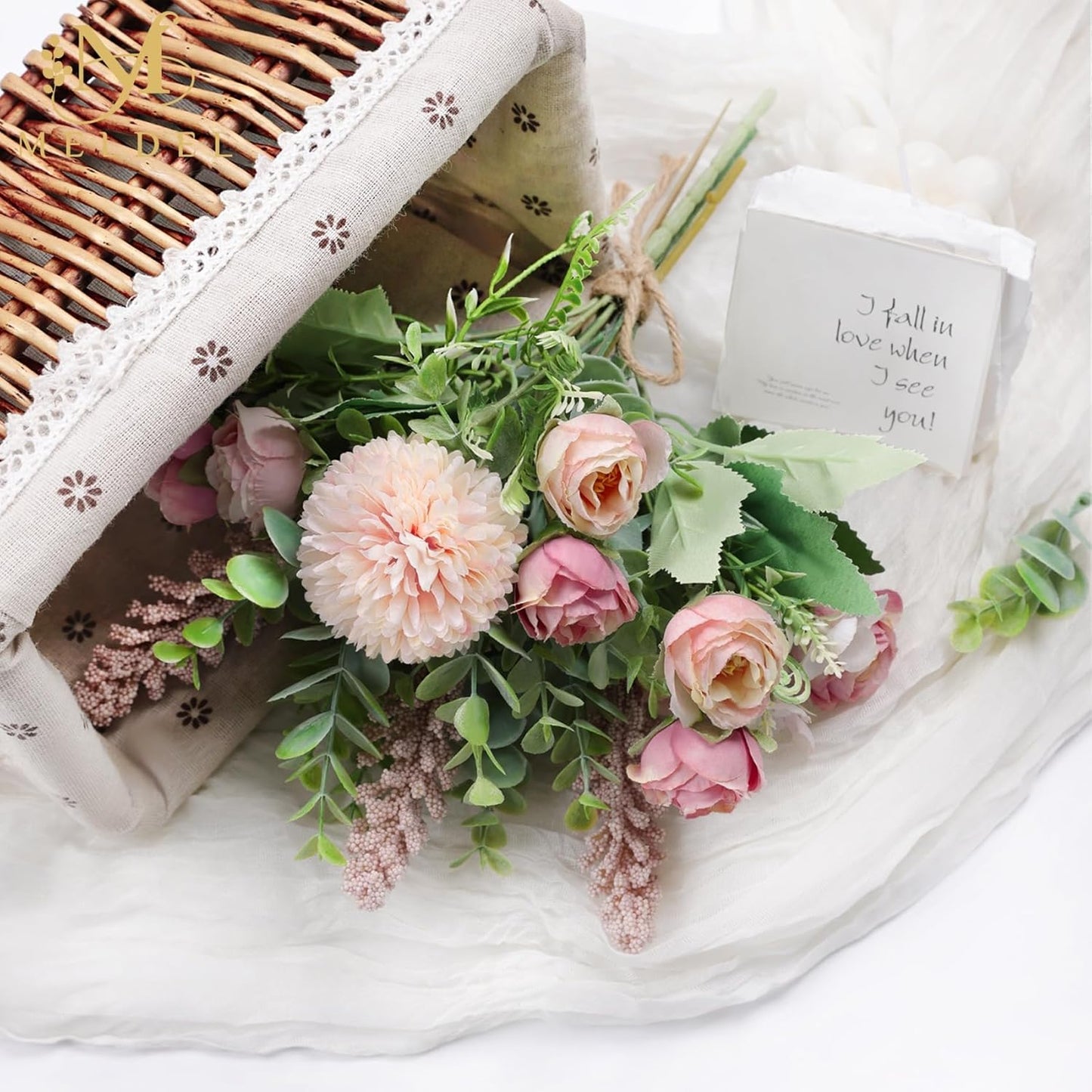 Meldel 3Pcs Rose Bouquet Pink Artificial Flowers Eucalyptus Plants Fake Silk Flower Arrangements Wedding Bouquets Decorations Plastic Floral Table Centerpieces for Home Kitchen Garden Party Decor