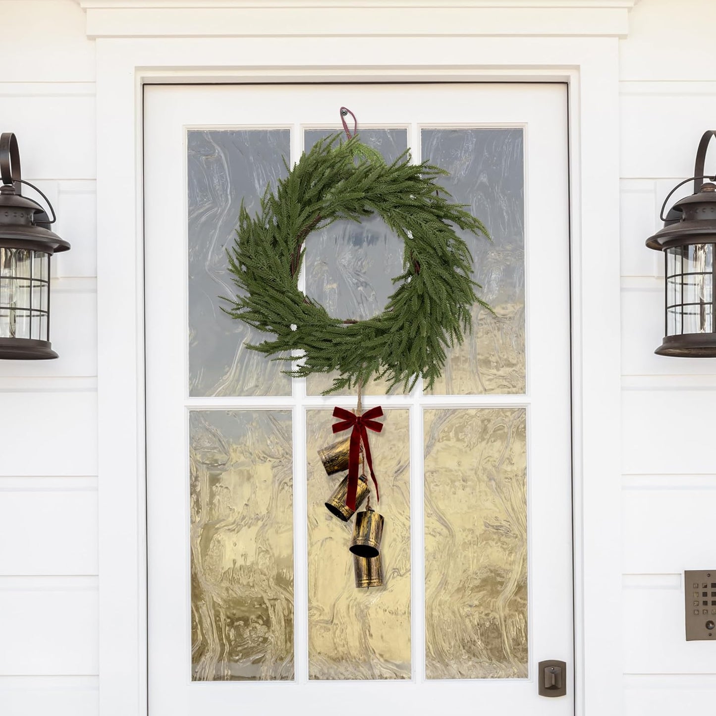 2 Pcs 6FT Christmas Garlands Norfolk Pine Garland - Real Touch Winter Pine Garland, Artificial Norfolk Tree for Indoor Outdoor Holiday Decor, Fireplace Mantel, Door, Porch (Burgundy Bell)