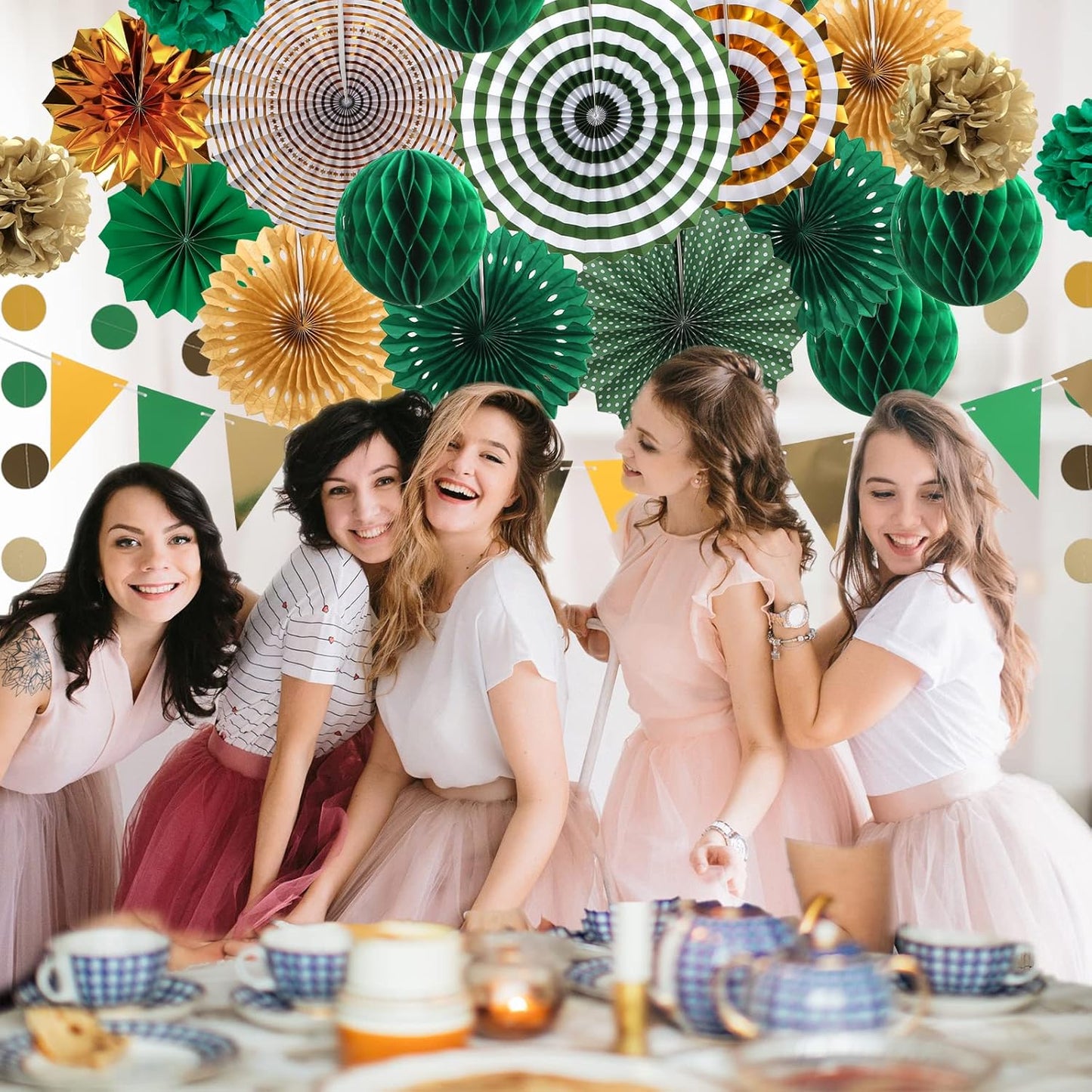 Green and Gold Party Decorations, 23Pcs Hanging Paper Fans, Pom Poms Flowers, Garland String Polka Dot and Triangle Bunting Flag Packs for Girl Birthday Bridal Shower Baby Showers