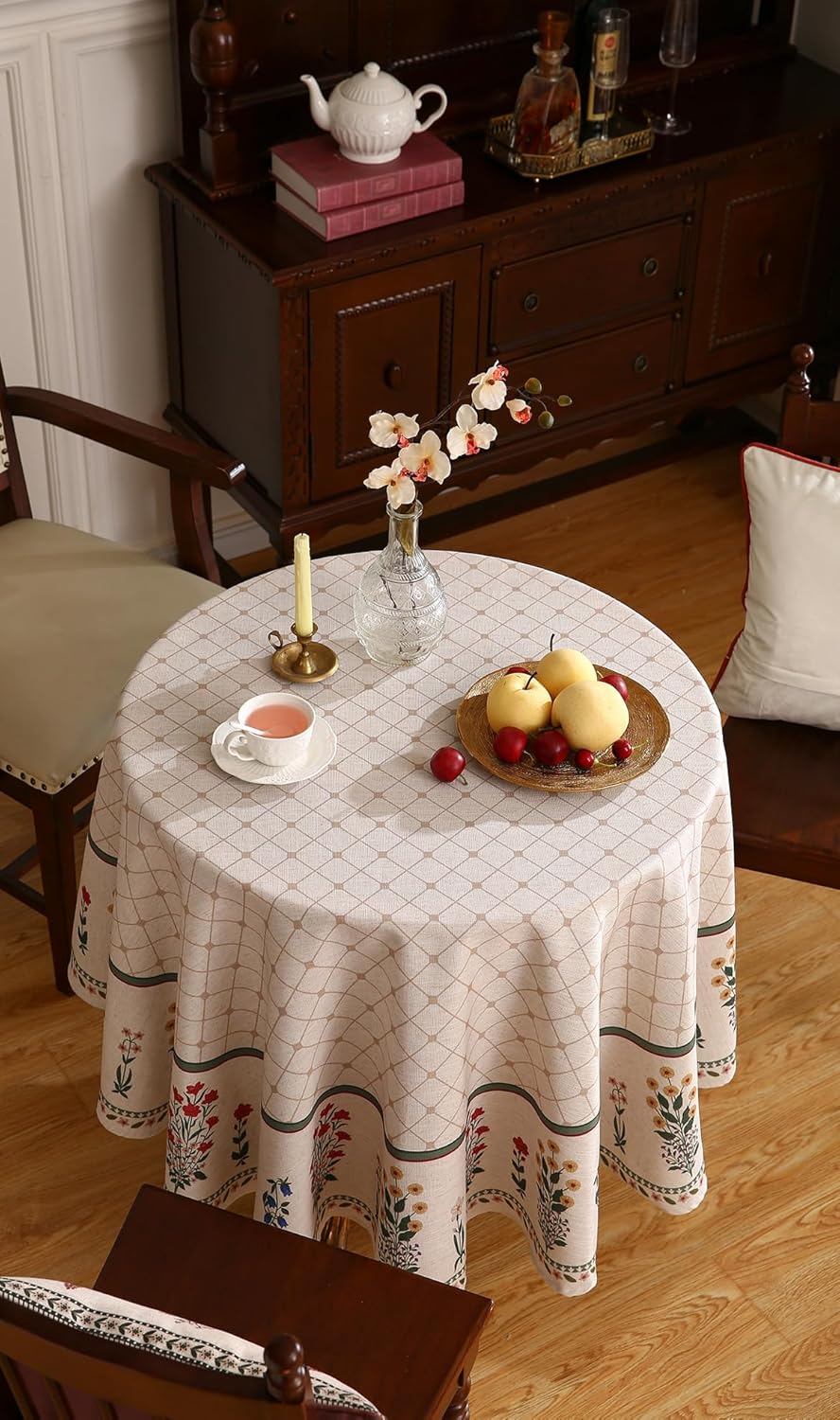 ISAENNE Designer Vintage Linen Floral Round Tablecloth,Fall Colorful Modern Table Cloth,Anti-Wrinkle Decor Tablecloths for Dining Thanksgiving Kitchen Christmas,Diameter 67"-Bertina E