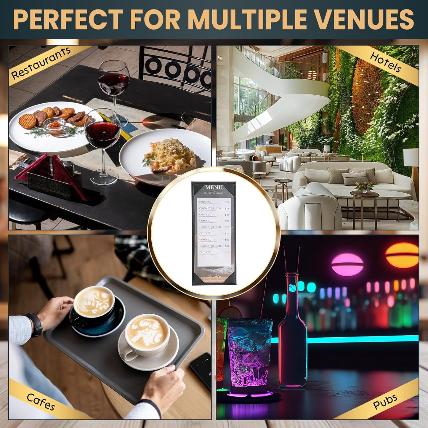 12 Pack 1 View Menu Holder Menu Covers 4.25" x 11" | Black Leather Menu Sleeves Book Style for Restaurant Coffee Bars Wine List