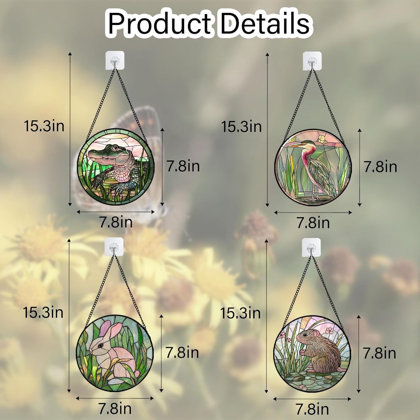 Stained Glass Window Hanging 4 Pcs Set Cute Animal 7.8"- Green Plant Pink Suncatcher Door Garden Sun Catcher Decor Birthday Christmas for Mom Woman Nana Men Friend