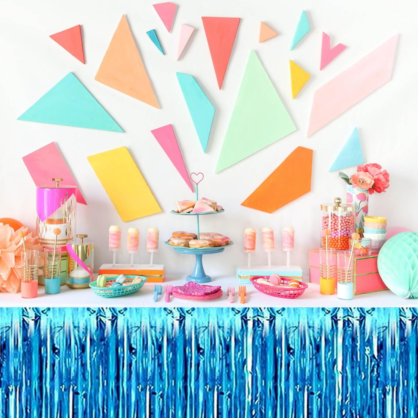 3 Pack 29 x108 Inch Lake Blue Foil Fringe Table Skirts Metallic Banner for Tinsel Streamer Garland Backdrop for Parade Floats Mother's Day, Graduate, Birthday, Wedding Party Decoration