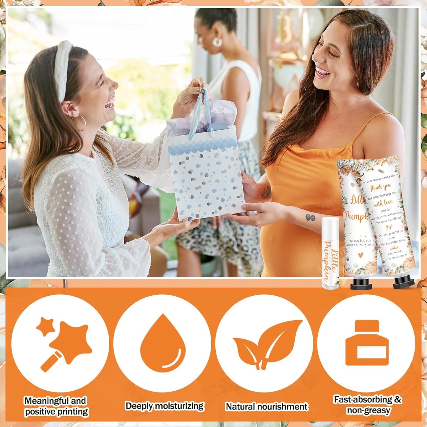 50 Sets 200 Pcs Baby Shower Hand Lotion and Lip Balm Gift Theme Baby Shower Party Favors Travel Size Hand Lotion and Lip Balm Bulk with Organza Bags Tags (Little Pumpkin)