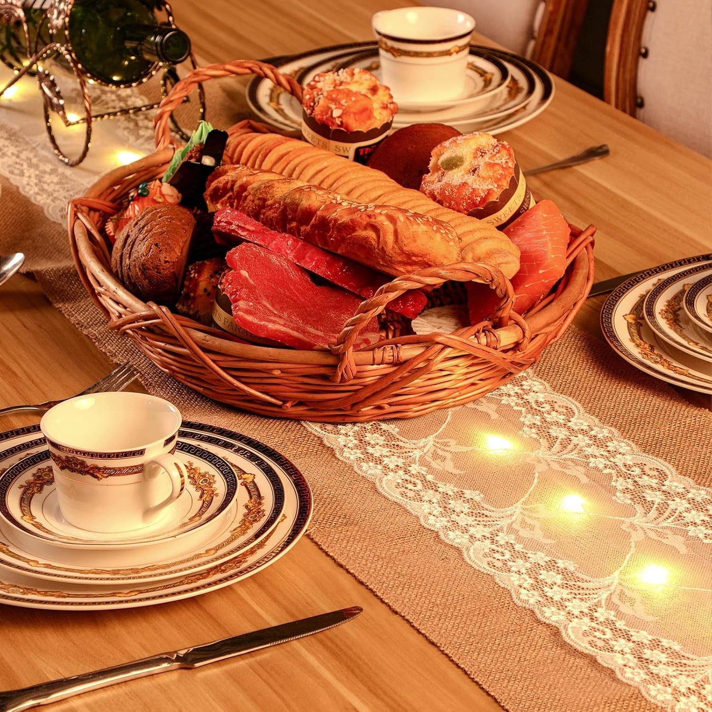 Burlap Table Runner with LED String Lights Rustic 12" x 108" Christmas Tablecloth Lighted Table Runner Farmhouse Decor for Wedding Bridal Shower Xmas Holiday (Pack of 2)