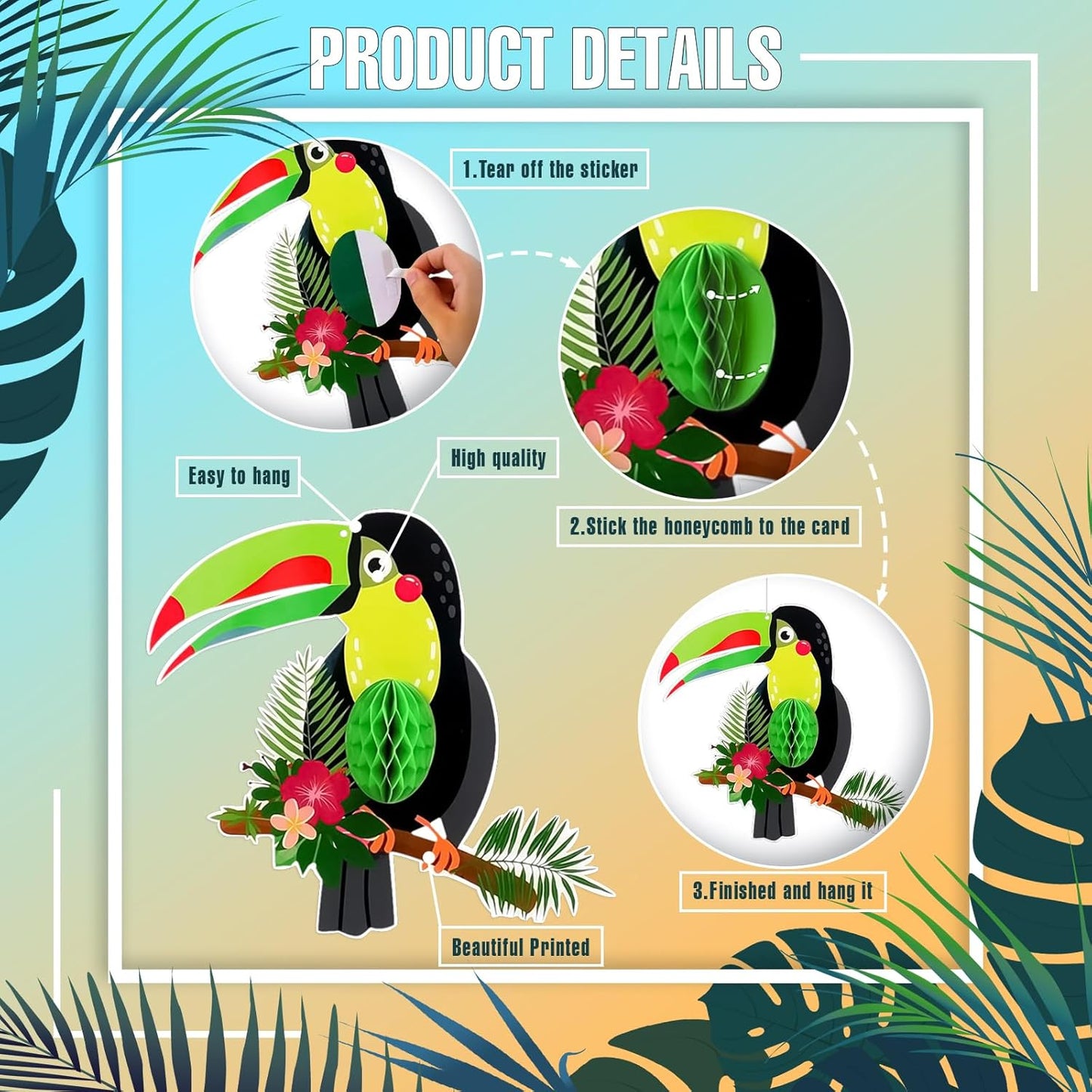 6 Pieces Tropical Birds Honeycomb Cutouts, Large Parrot Hanging Decor Parrot Honeycomb Paper Cutouts for Summer Luau Rainforest Tropical Party Decorations
