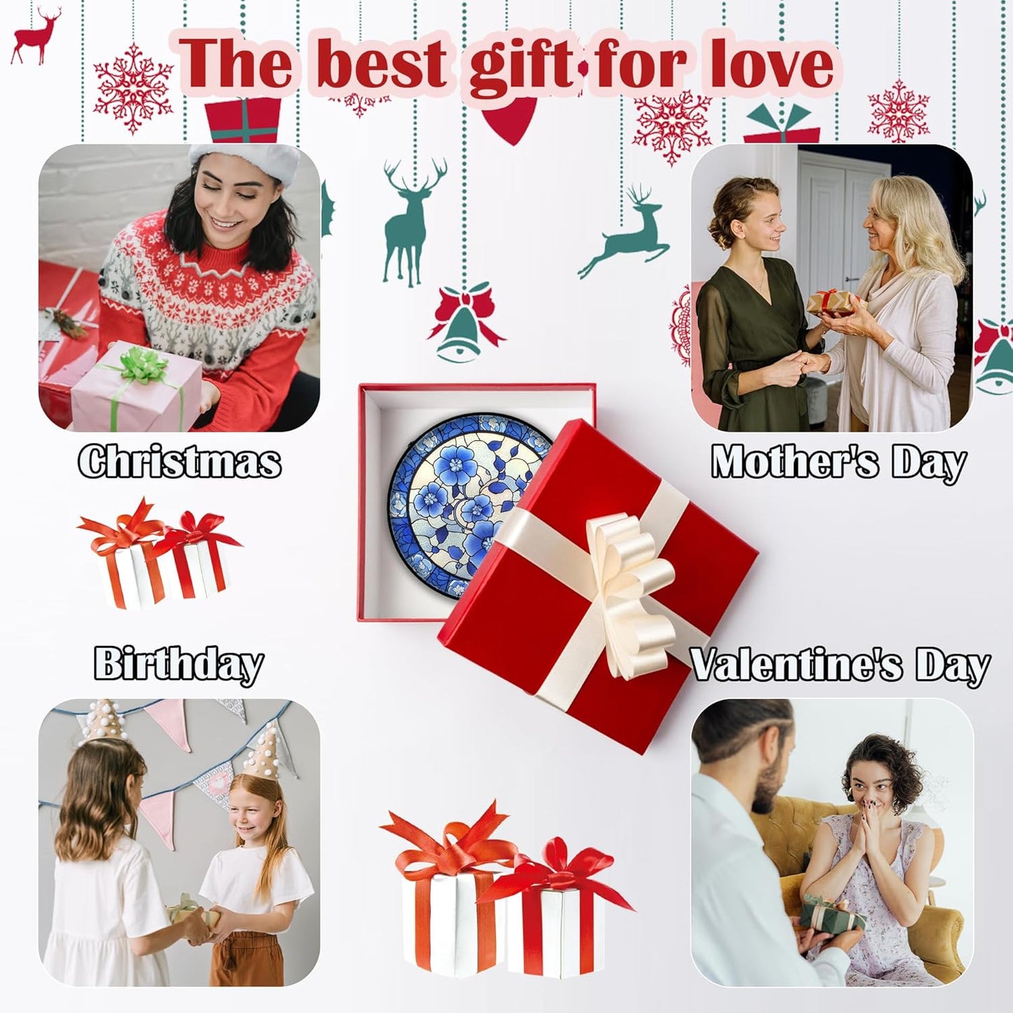 Stained Glass Window Hanging, Blue and White Plum Blossom Sun Catcher for Door Home Decor Flowers Suncatcher Christmas Mother's Day Birthday Gifts for Women Men Mom and Nana 11.8 in