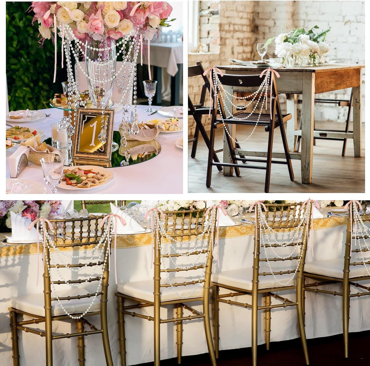 Wedding Pearl Bow Chair Decor Satin Ribbon Bows with Pearl Beaded String Garland Aisle Chair Sashes Decorations for Ceremony Coquette Party Banquet Decor