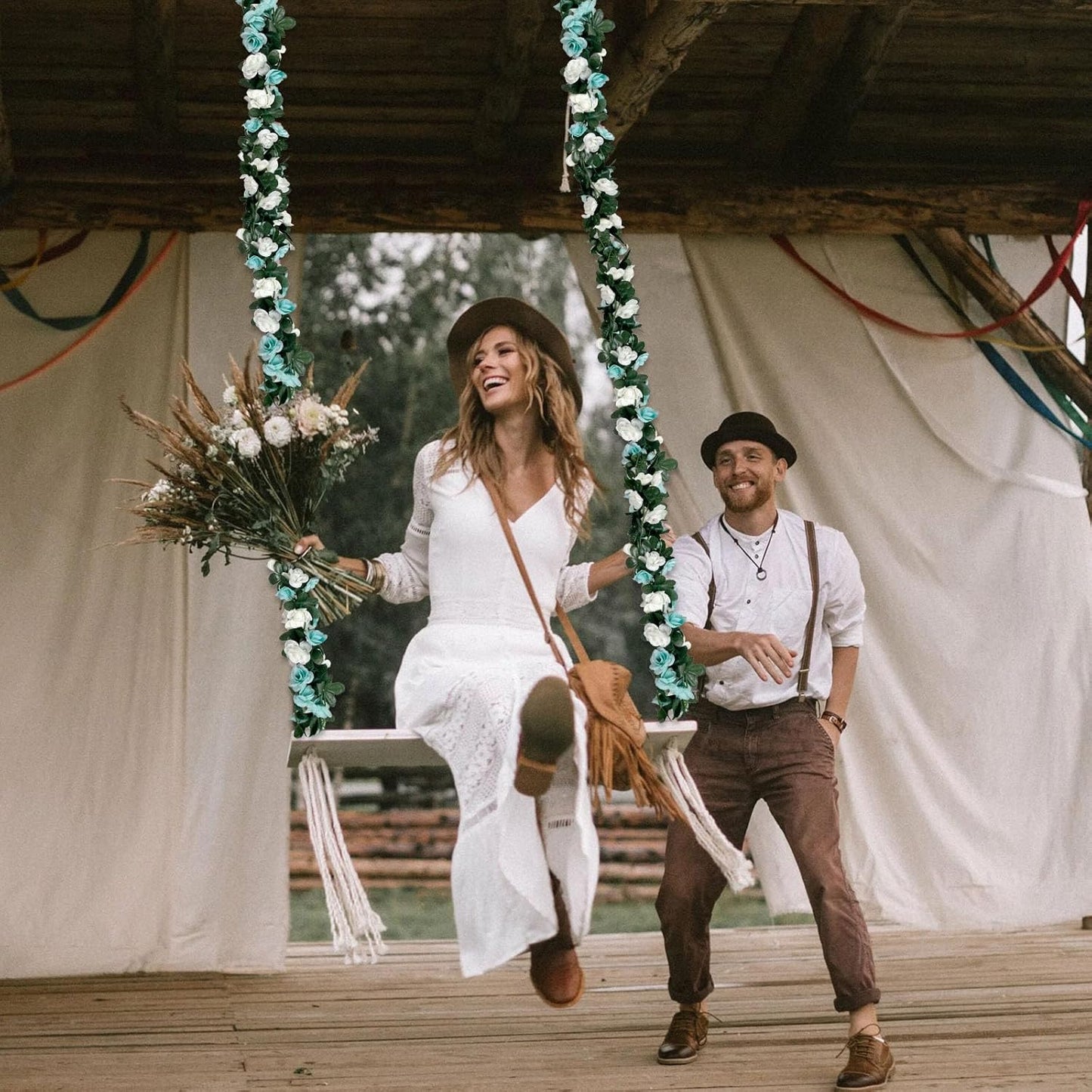 16Pcs 126Ft Teal&White Rose Garland, Fake Rose Hanging Flowers, Artificial Flower Vine, Hanging Floral Vine Garland for Wedding, Birthday Party, Wall Arch, Halloween, Christmas Garden Backdrop Decor