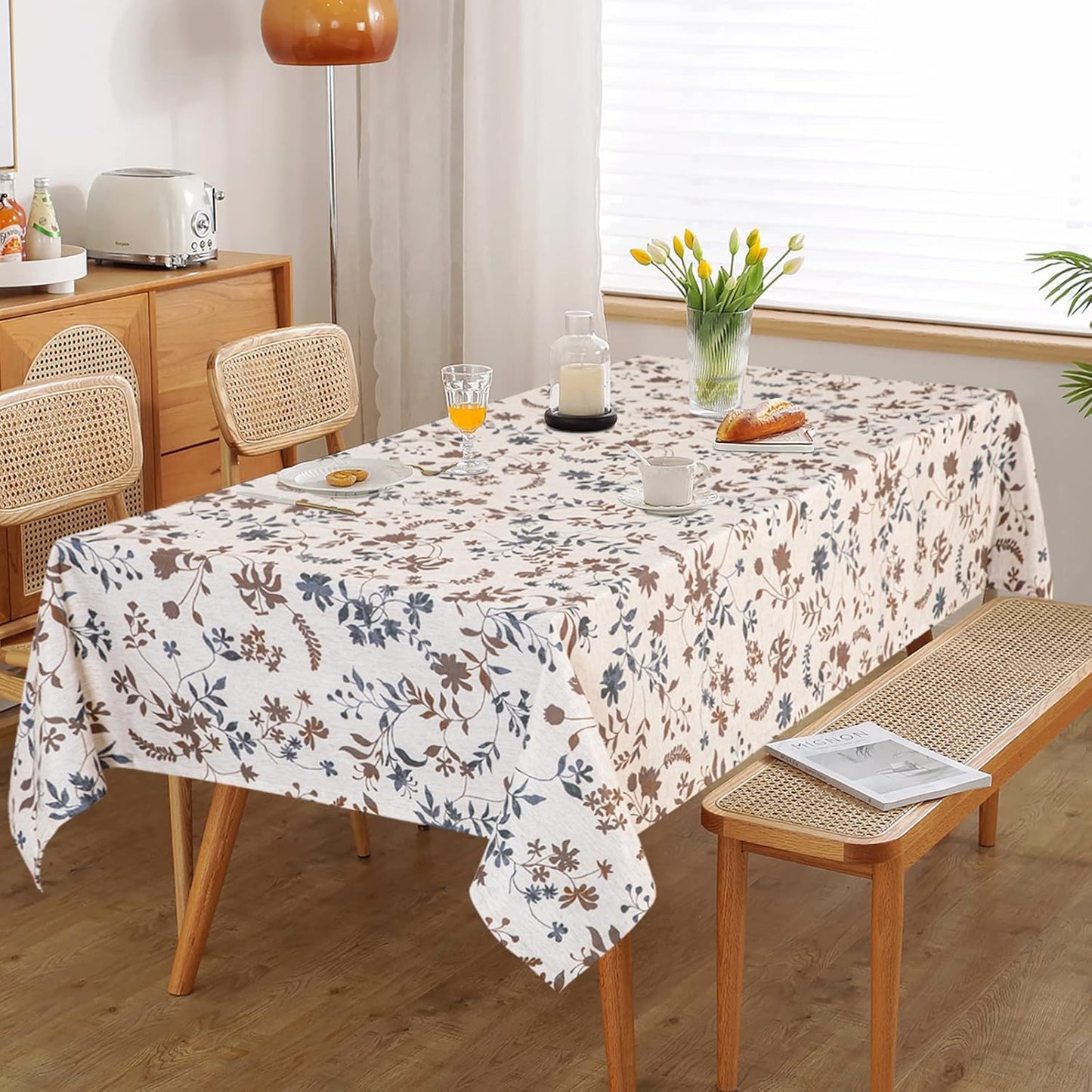 MYSKY HOME Rustic Tablecloth Classic Brown Leaves Printed Linen Fabric Table Cover Waterproof Fabric Tablecloth Farmhouse Decoration 60x102 Inches Rectangle/Oblong for Kitchen Dining and Outdoor Use