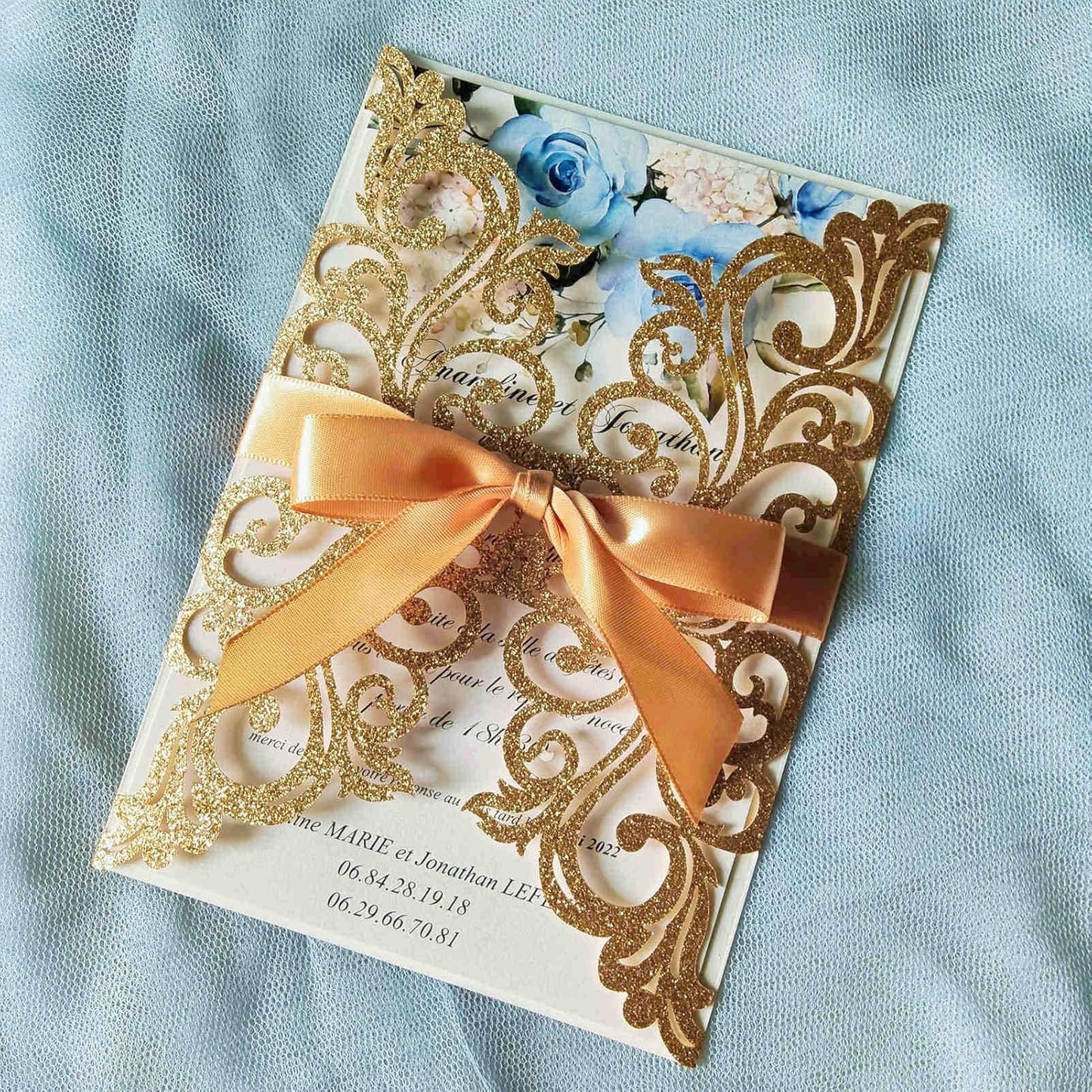 25PCS Gold Glitter Laser Cut Wedding Invitations Cards with Envelopes,Blank Inner Sheets,Ribbons for Wedding Bridal Shower Quinceañera Engagement Birthday Invites