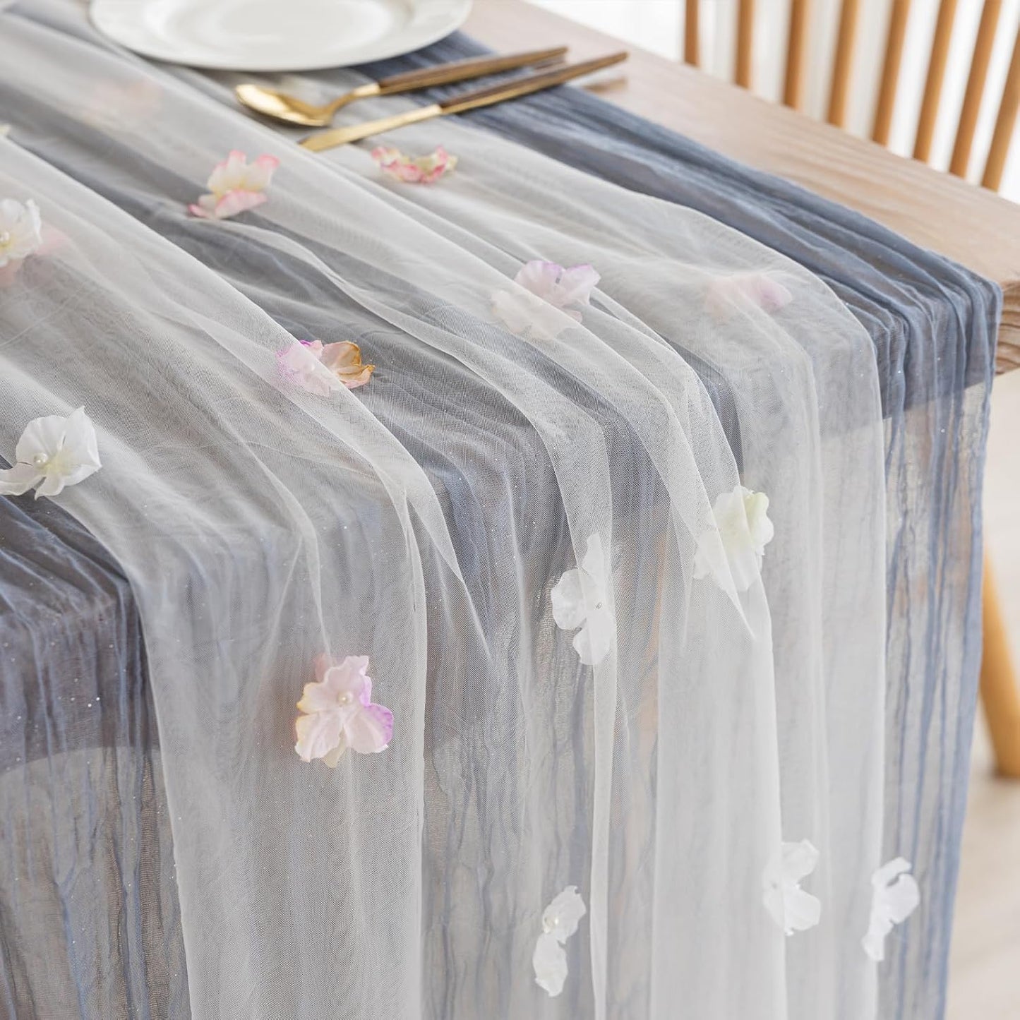 Romantic Artificial Floral Table Runner 10ft Gauze Tulle Lace Table Runner Set for Wedding Baby Shower Bridal Shower Holiday Kitchen Dining Table Decoration for Home Party Special Occasion