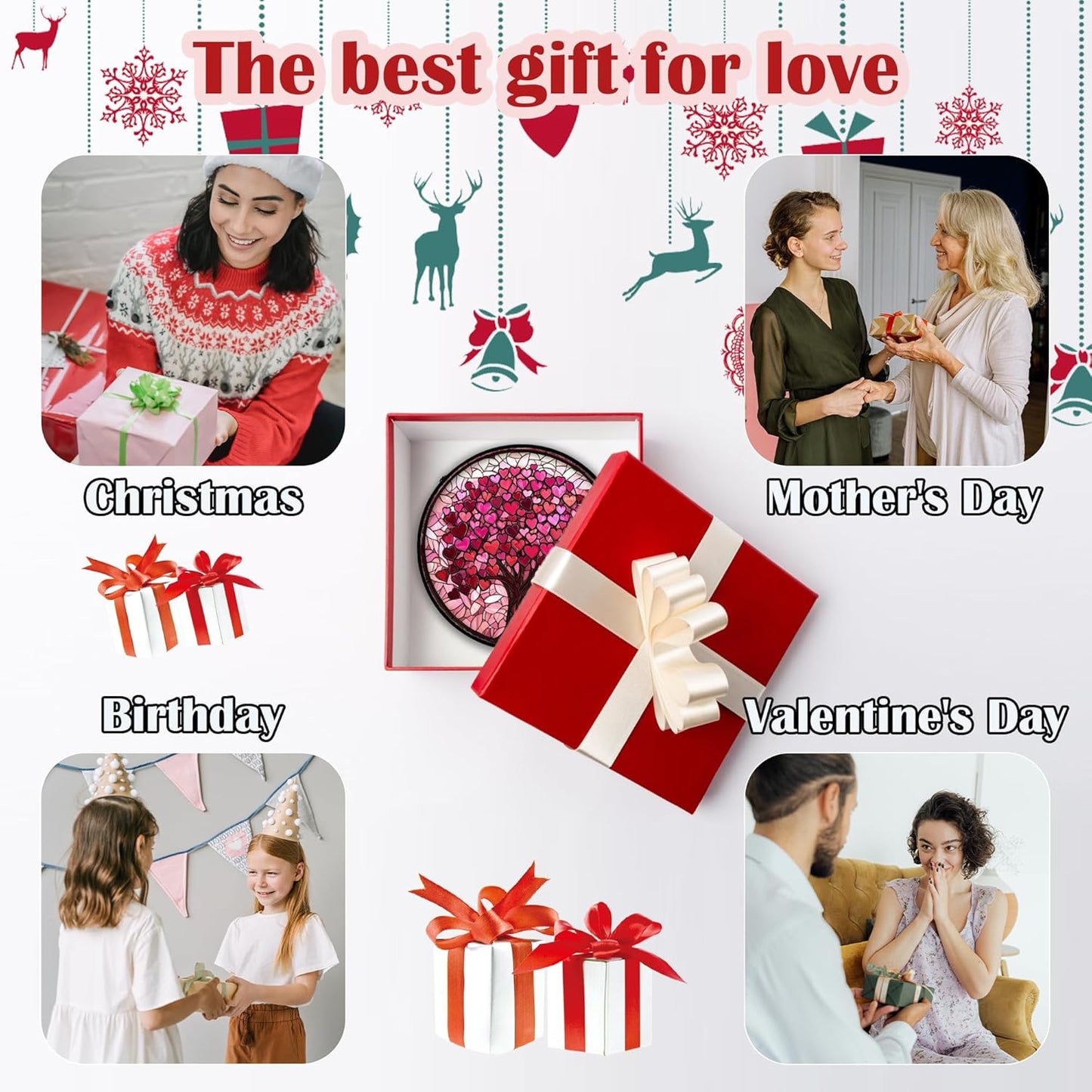 Stained Glass Window Hanging, Pink Love Tree of Life Sun Catchers Colorful Glass Panel Suncatcher Decor for Birthday for Women, Men, Wife, Lovers, and Mom 11.8x11.8 in