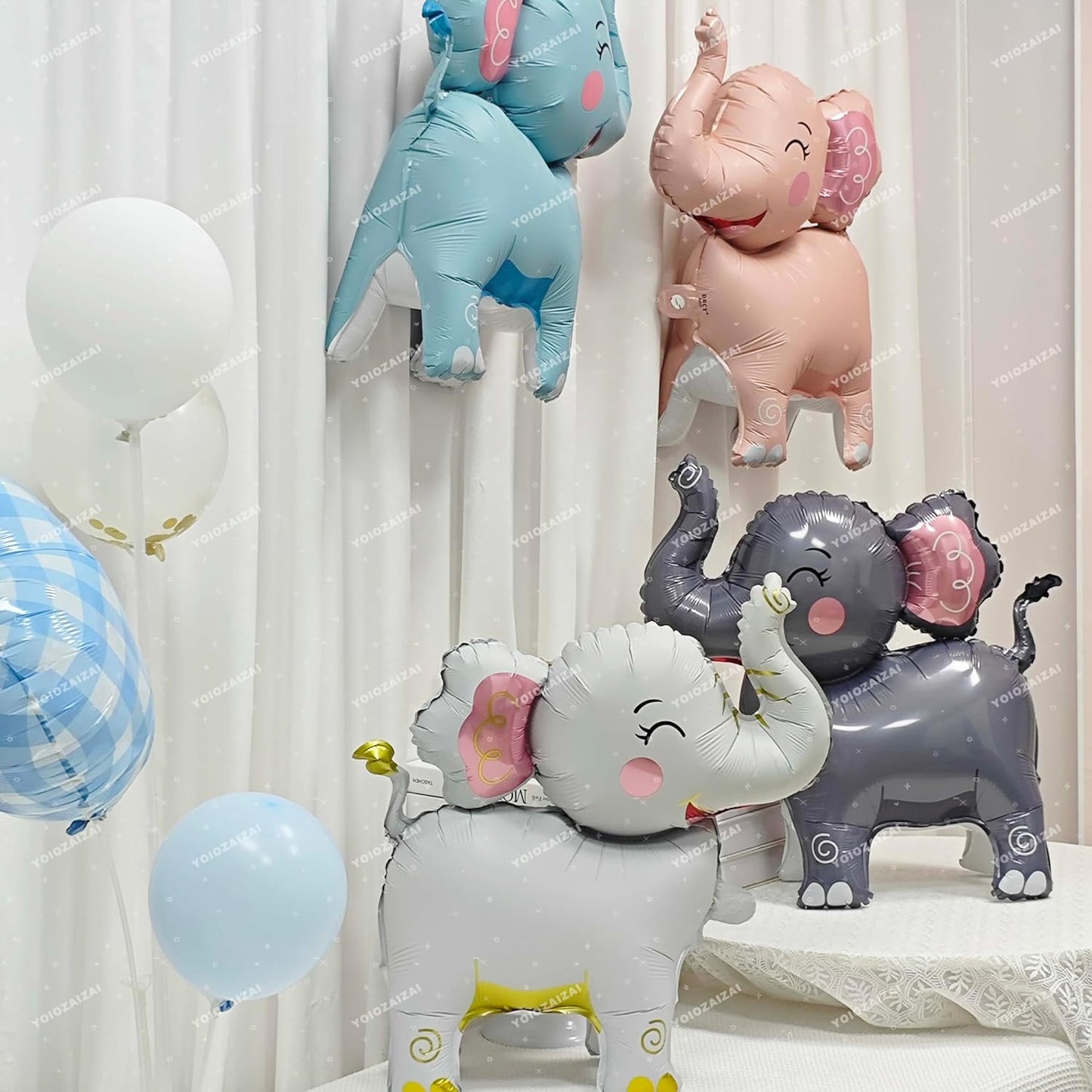 2PCS Matte self-standing elephant animal balloon 3D Jungle Large Elephant Foil Balloons For Kids safari themed birthday party gender indication baby shower Decor supplies white