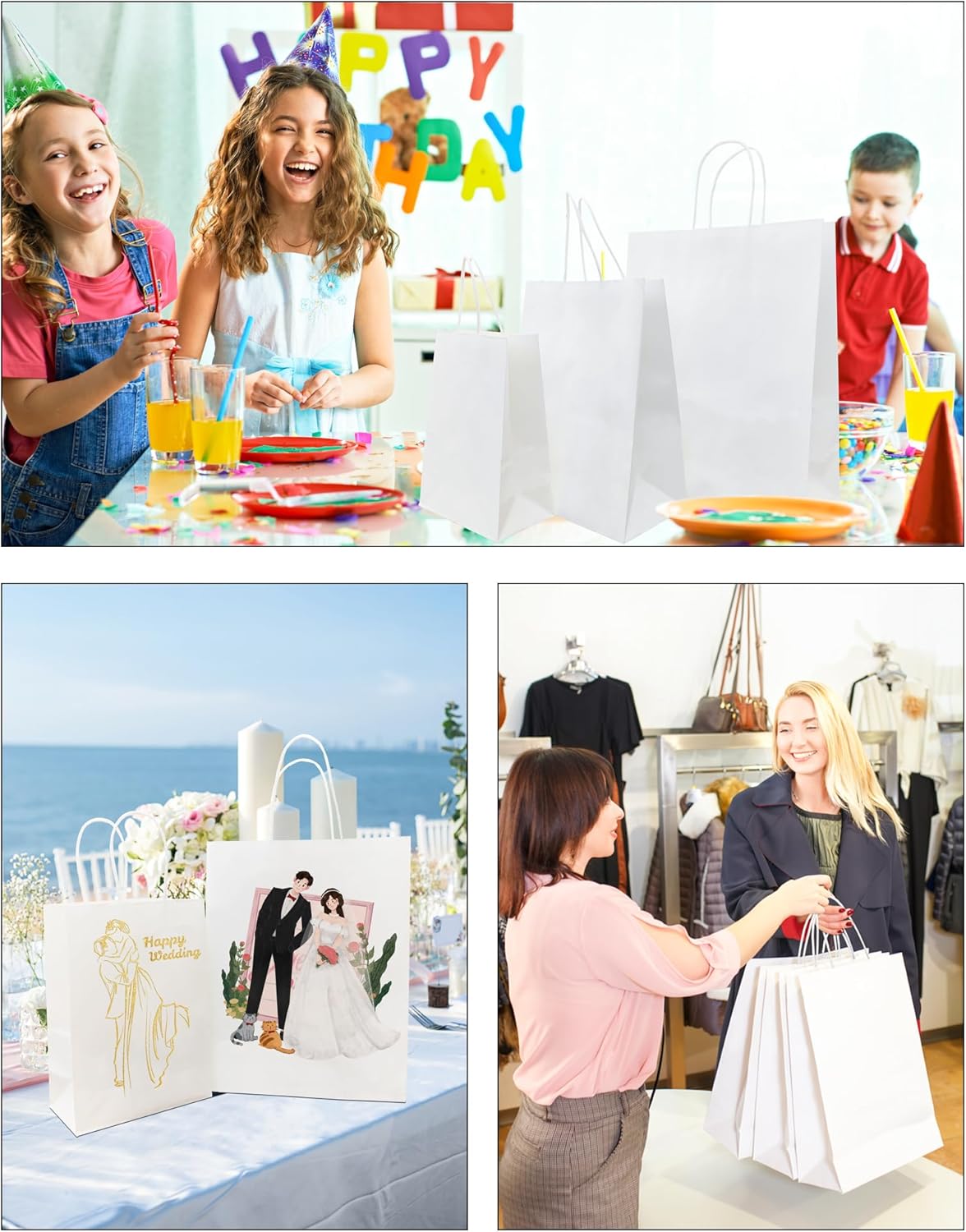 BAG BOX 25 Pack 5.9x3.1x8.25 Inch White Gift Bags with Handles,Bulk Kraft Paper Bags for Shopping, Retail, Merchandise, Wedding, Party Favors, Paper Grocery Sacks