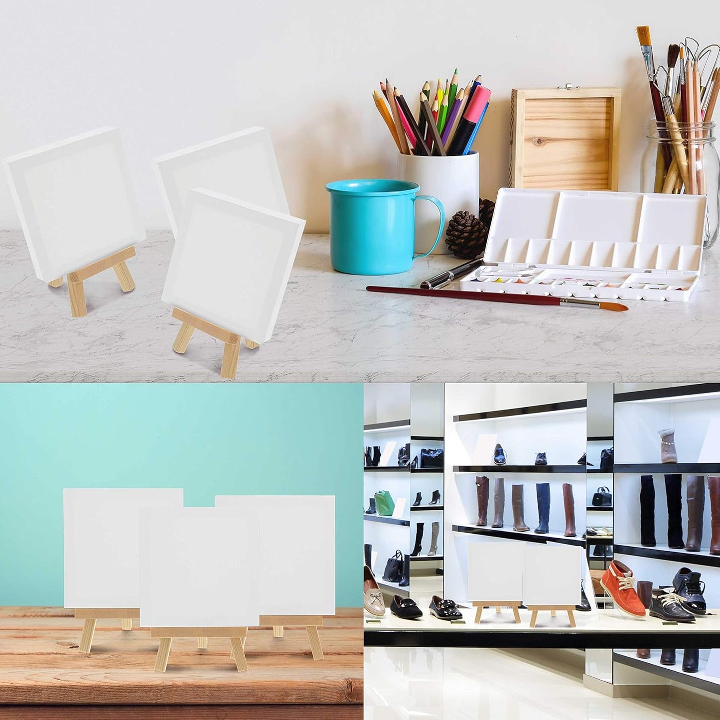 U.S. Art Supply 3" x 3" Stretched Canvas with 5" Mini Easel Kit (12 Pack) - Natural Wooden A-Frame Tabletop Display Stand, Mini Easel Stand - Small Easels for Display, Small Canvases, Crafts, Photos
