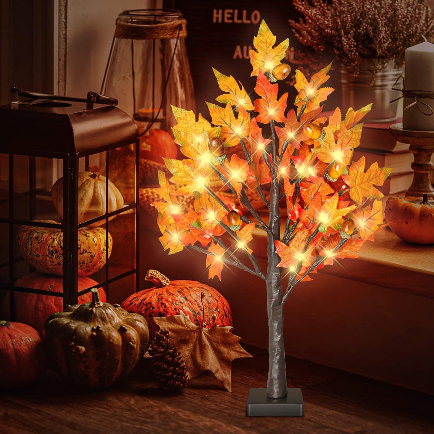 24 Inch Lighted Maple Tree with 36 Lights, 6 Acorn, Timer Battery Operated Tabletop Artificial Fall Tree for Thanksgiving Harvest Home Decor, Fall Table Centerpiece Decorations
