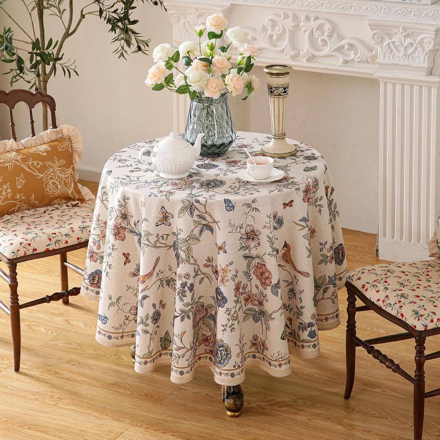 ISAENNE Designer French Light Beige Small Round Tablecloth,Linen Florals and Birds Pattern Table Cloth,Anti-Wrinkle Decorative Tablecloths for Dining Thanksgiving Kitchen,Diameter 55"-Cornucopia