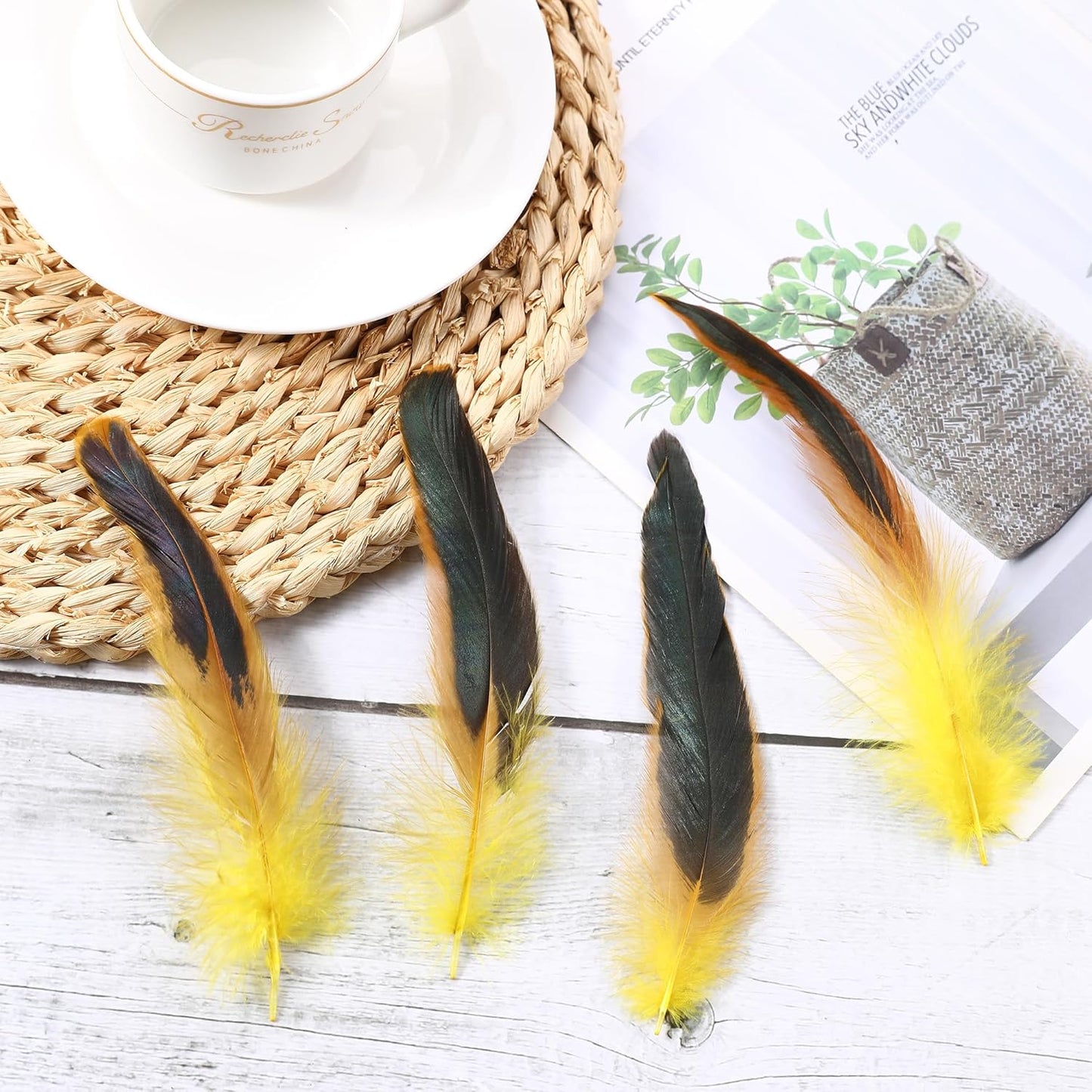 SOGUGOM Yellow Rooster Tail Feathers - 200 pcs 5-7 inch Natural Rooster Tail Feathers Bulk for Mardi Gras, Costume and Party(Yellow)