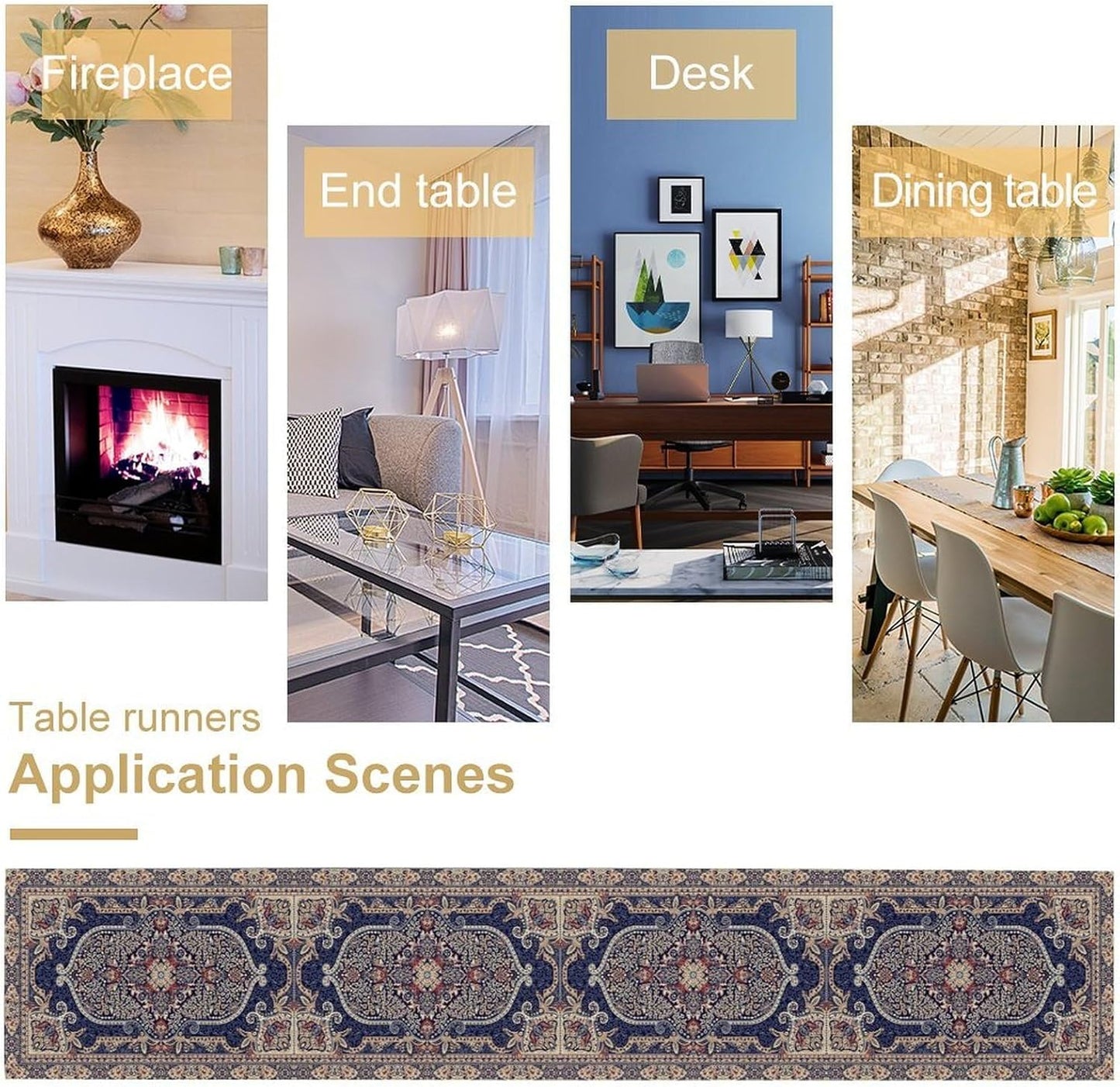 Vintage Boho Floral Table Runner, French Rustic Country Farmhouse Purple Golden Bohemia Flower Pattern for Home Kitchen Table Decor Dining Coffee Room Party Decor 13x120in