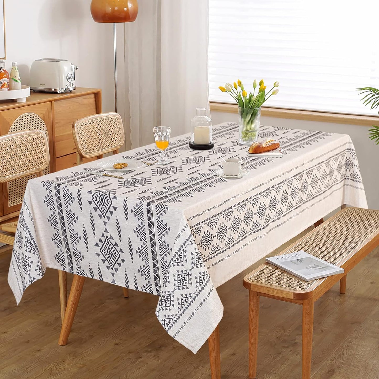 MYSKY HOME 60x84 Boho Rectangle Tablecloth Linen Farmhouse Tablecloth Waterproof Decorative Fabric Table Cloth for Kitchen Dining Bohemian Tablecloth for 4 Feet Table, Grey