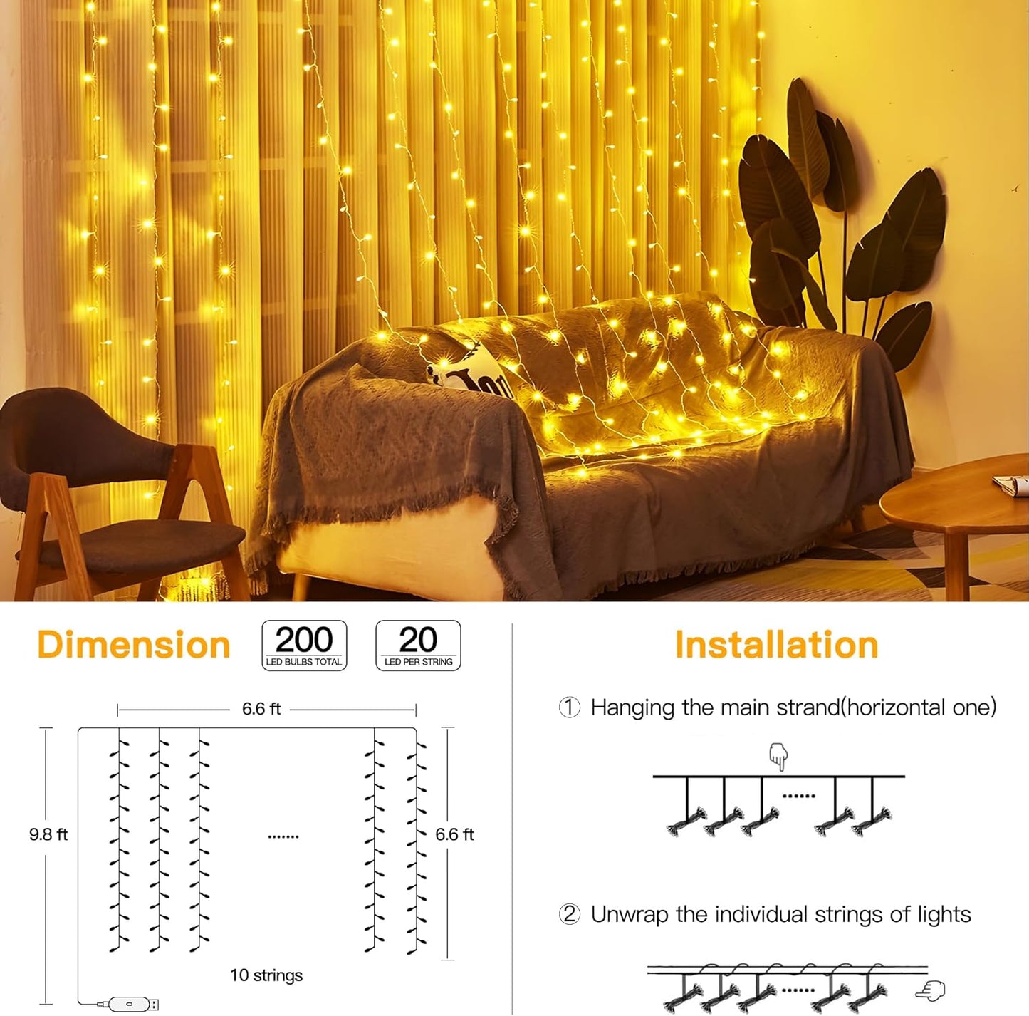 Ollny Curtain Lights 6.6x6.6ft, 200 LED String Lights with Remote 8 Modes Dimmable Timer, USB Power Fairy Light for Bedroom Backdrop Indoor Wall Window Wedding Decor, Warm White