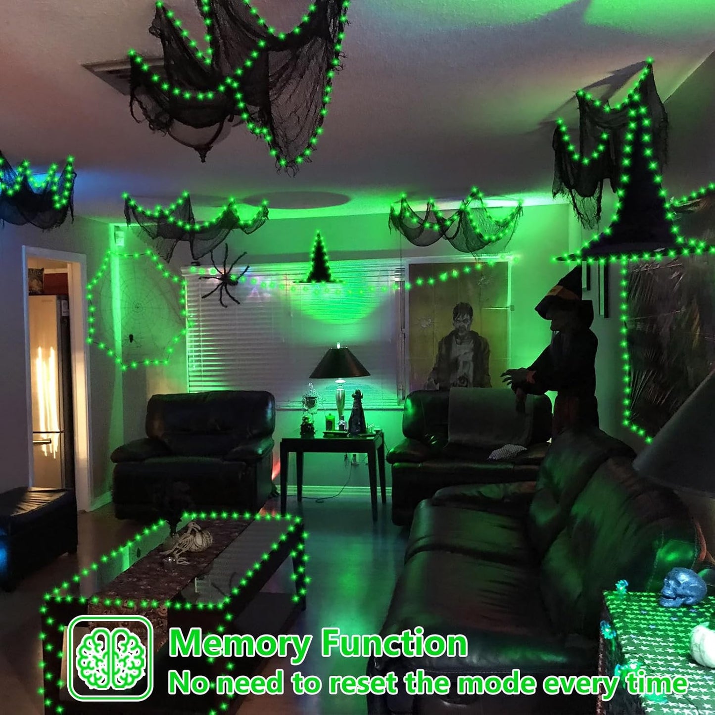 YEGUO 165ft 500 LED Halloween Lights Outdoor Waterproof, 8 Modes Green String Lights Plug in, Green Wire Christmas Lights Indoor with Timer Memory